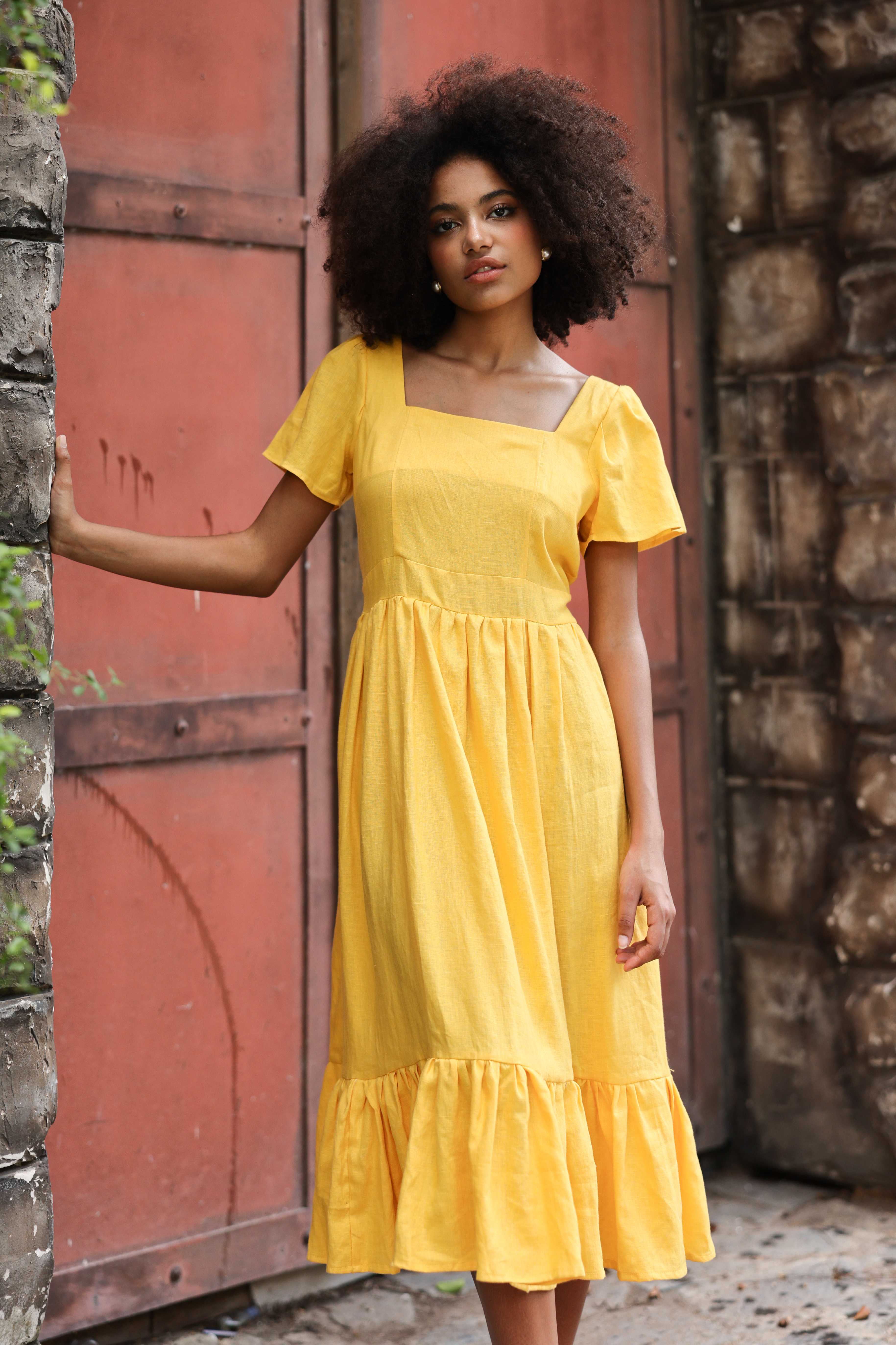 Ruffle hem linen dress