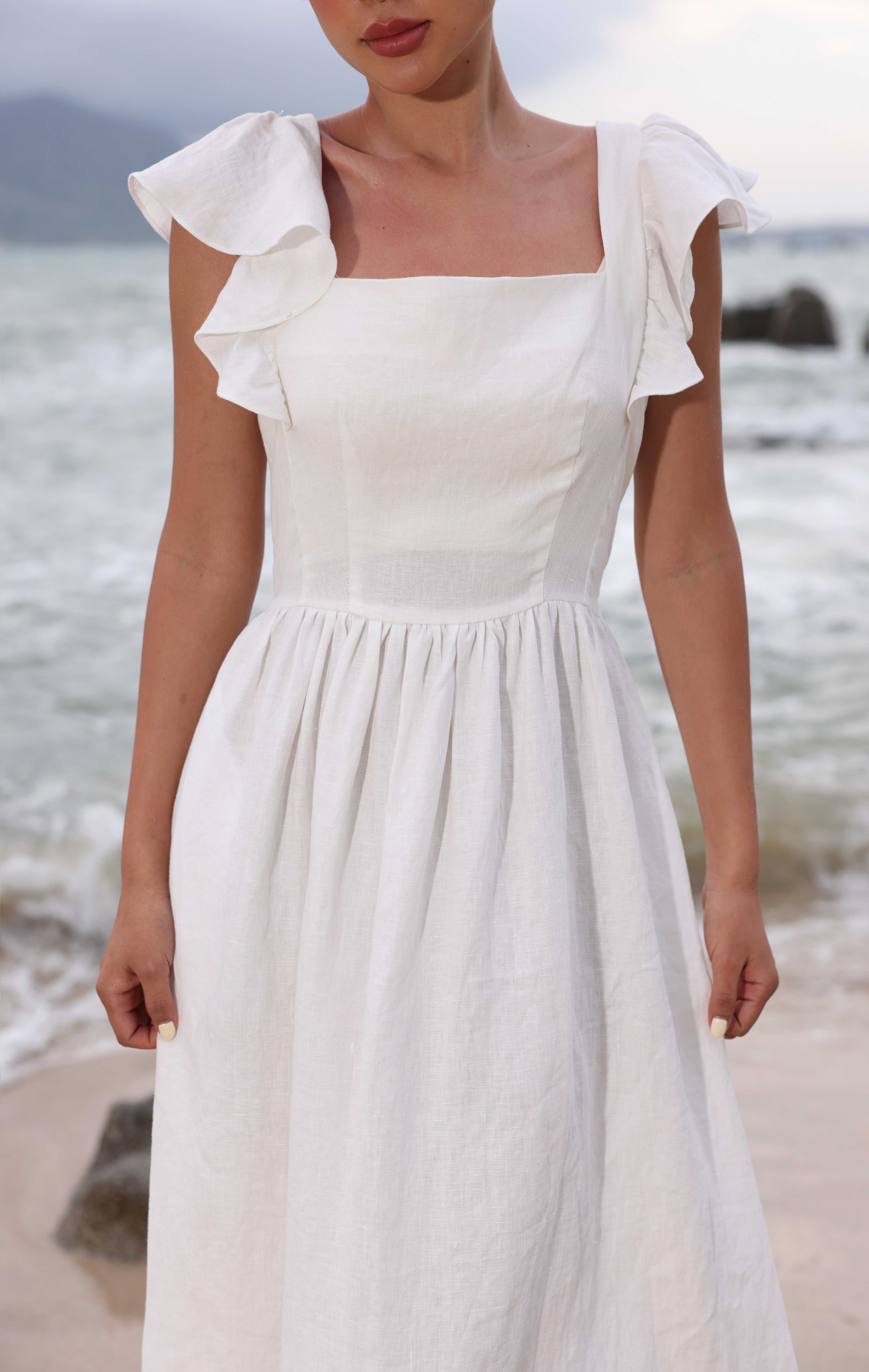 Ruffle sleeve linen dress