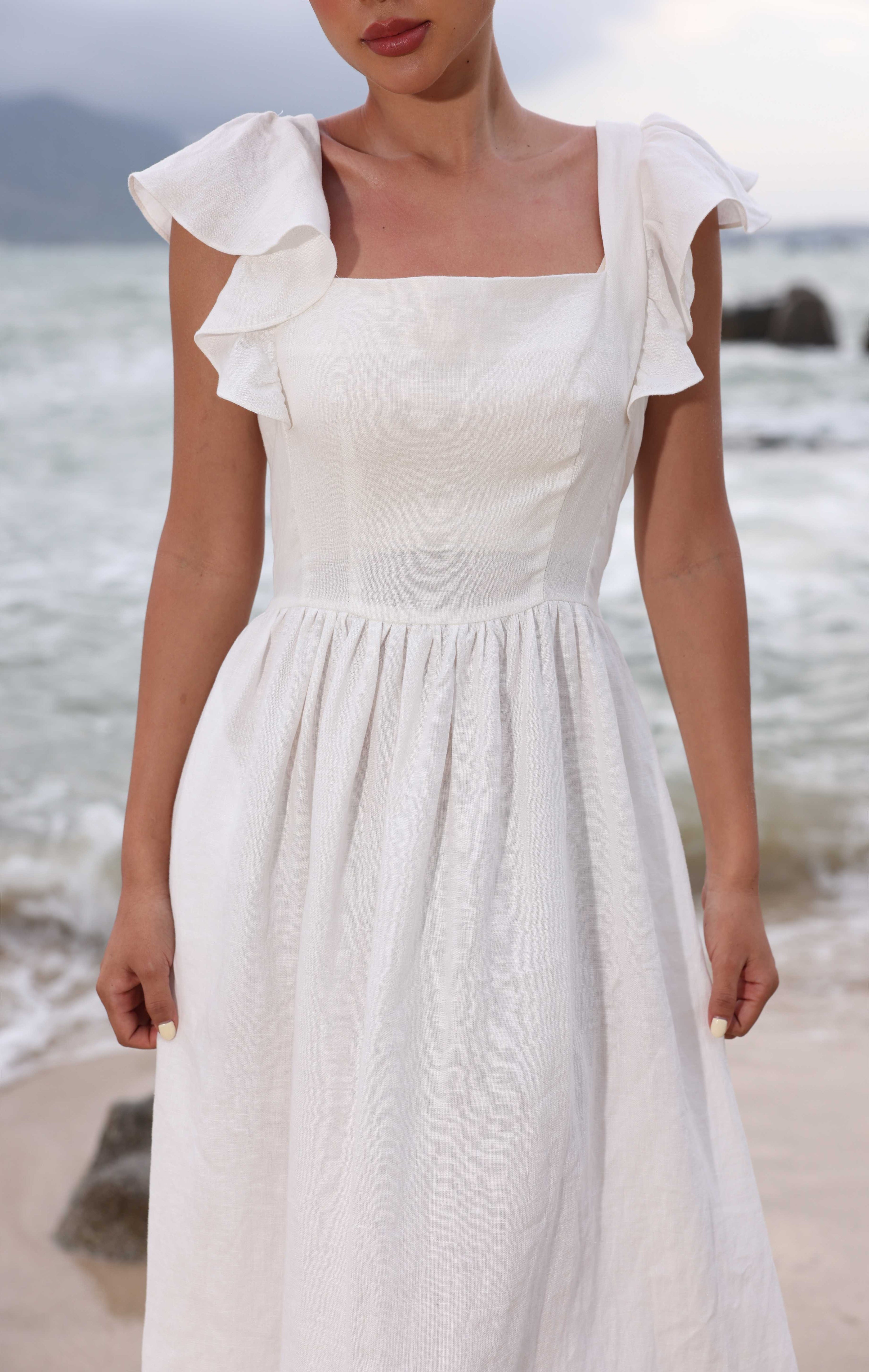 Ruffle sleeve linen dress