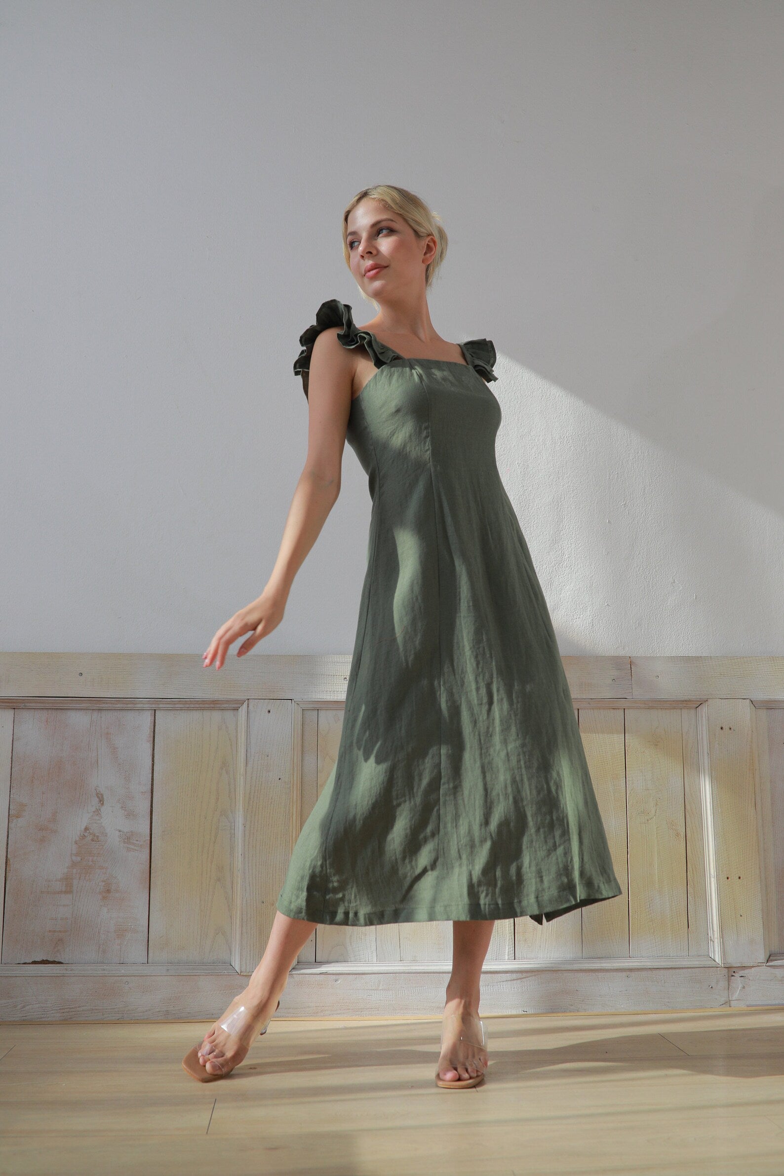 Ruffle strap linen dress