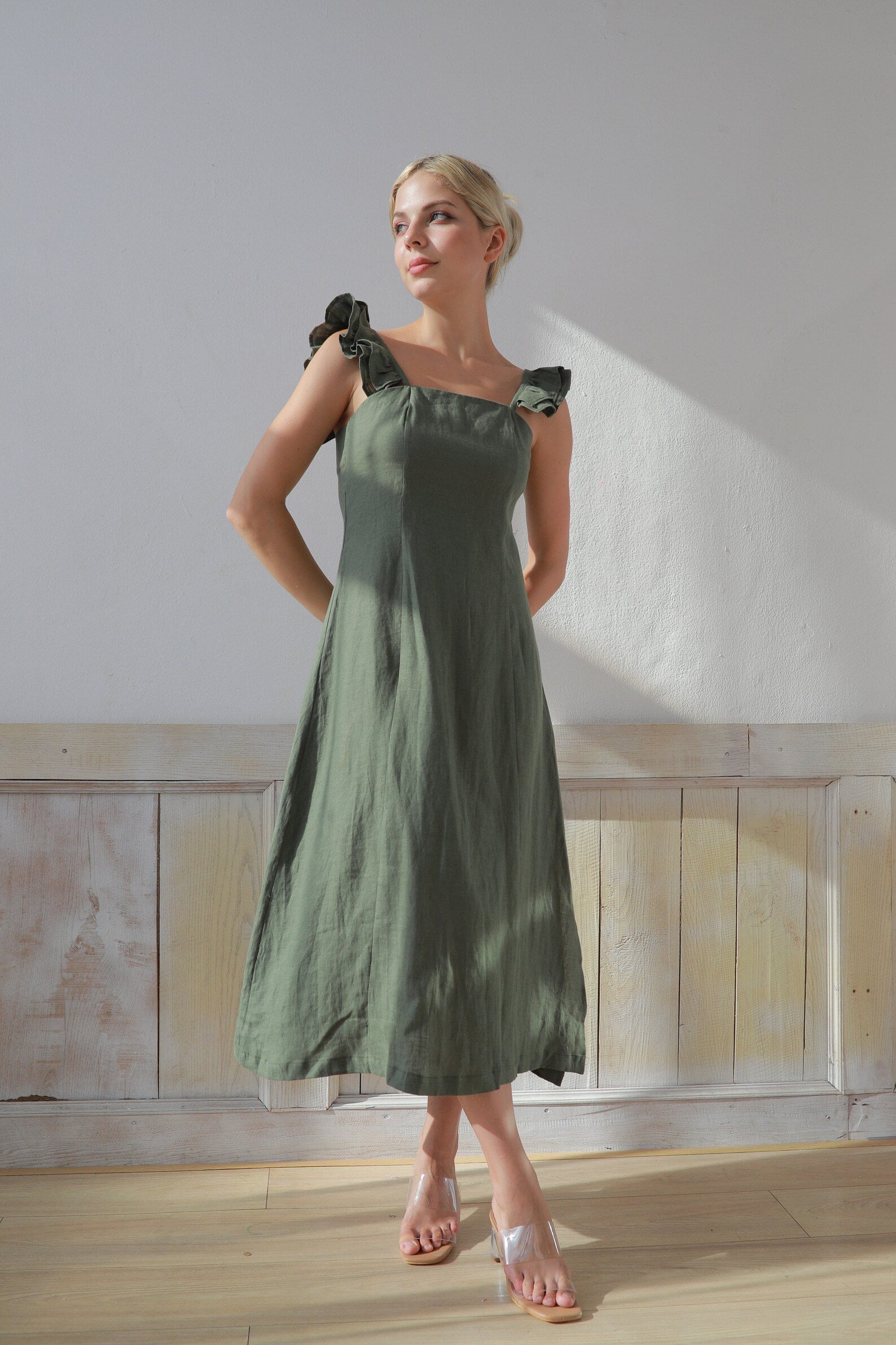 Ruffle strap linen dress