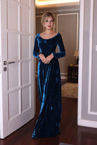 Scoop neck blue velvet dress
