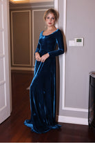 Scoop neck blue velvet dress
