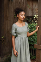 Short puff sleeve linen dress