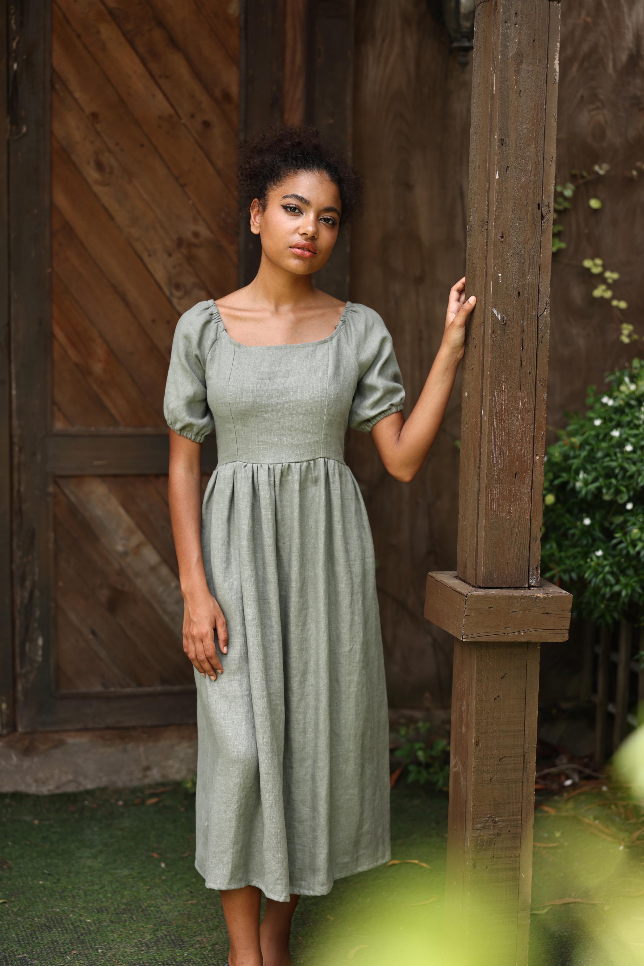 Short puff sleeve linen dress