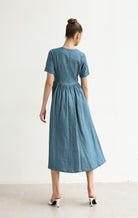Short sleeve V-neck linen dress