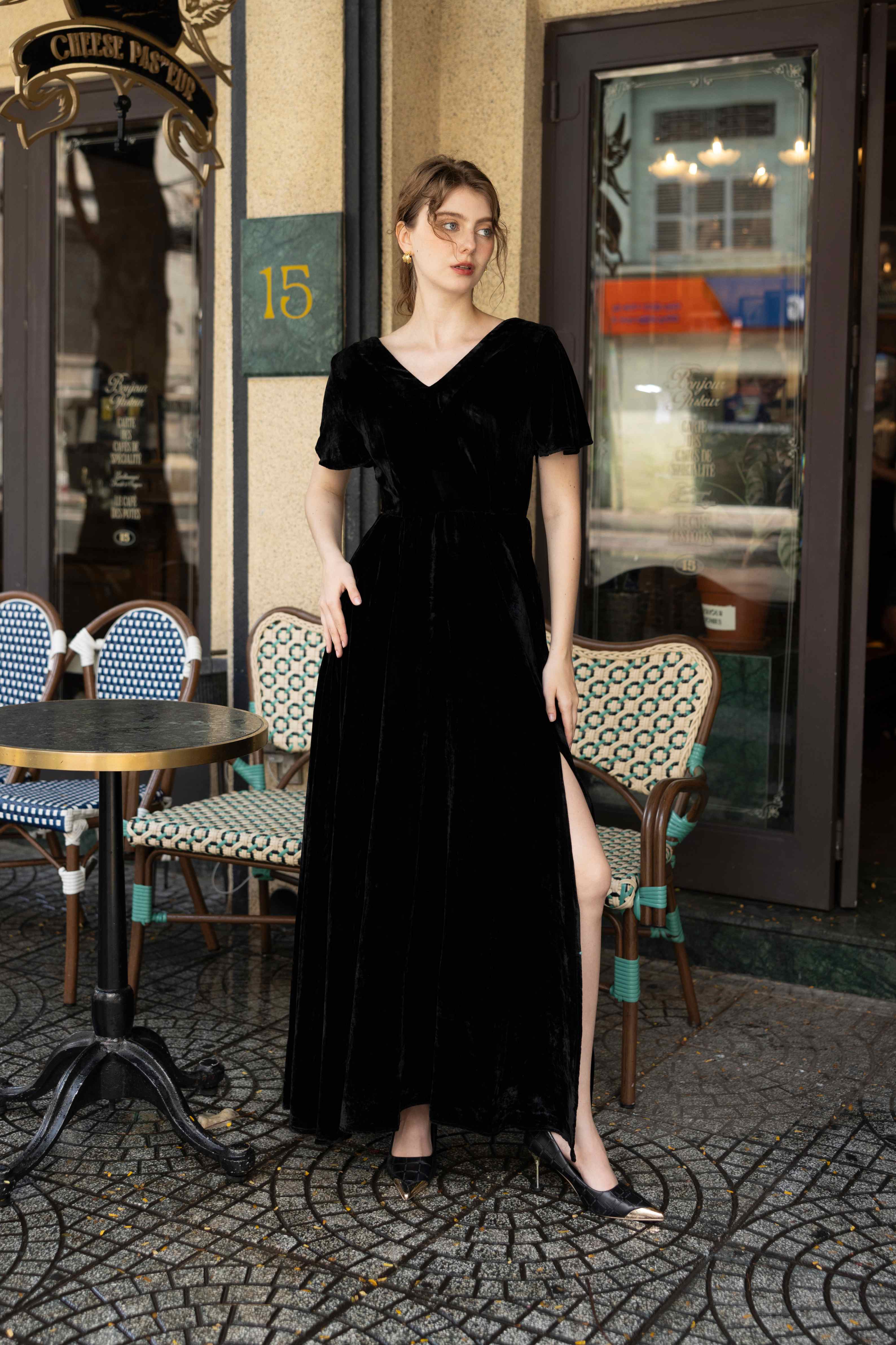 Short sleeve velvet formal dress