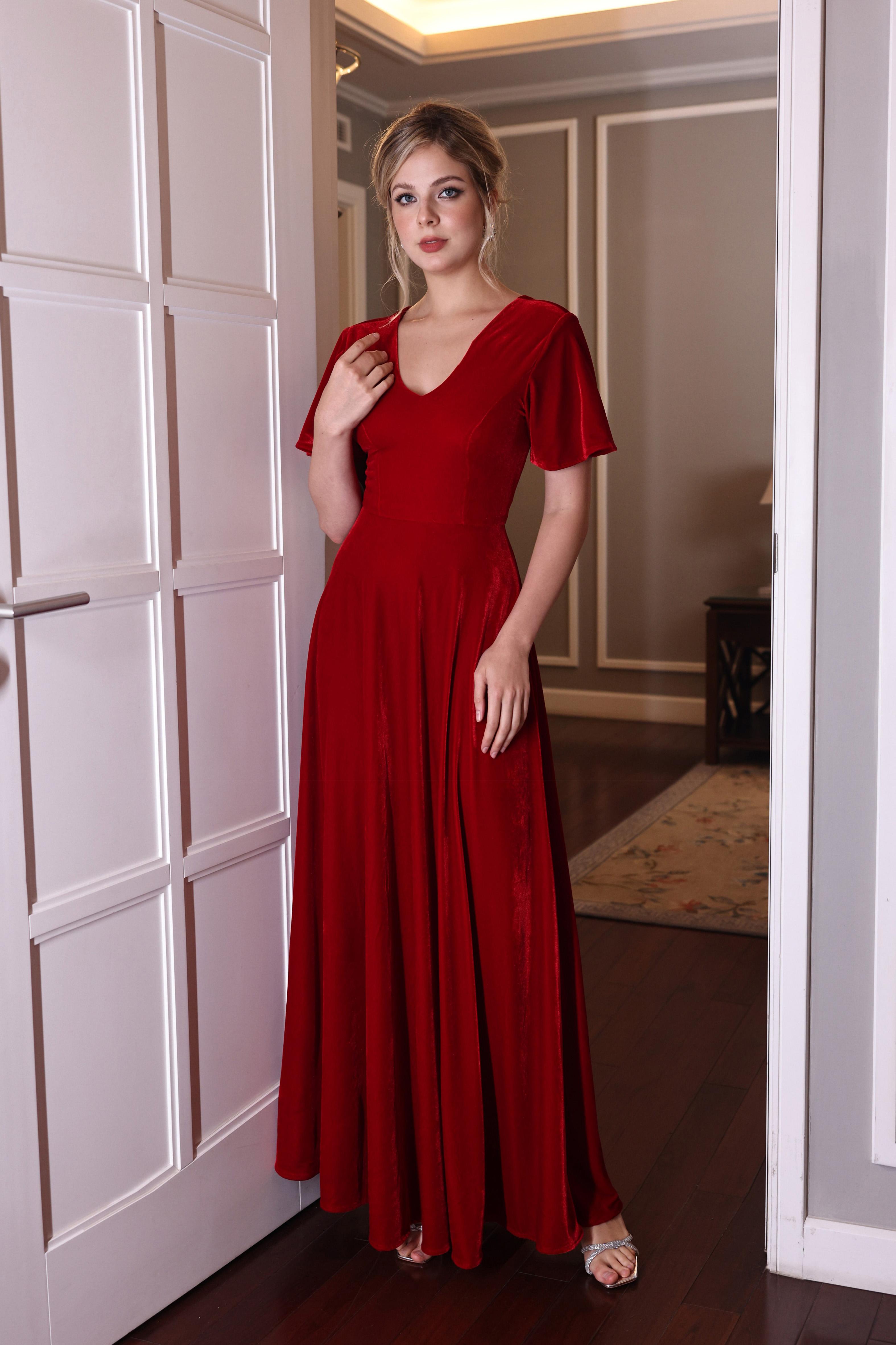 short sleeve velvet holiday gown