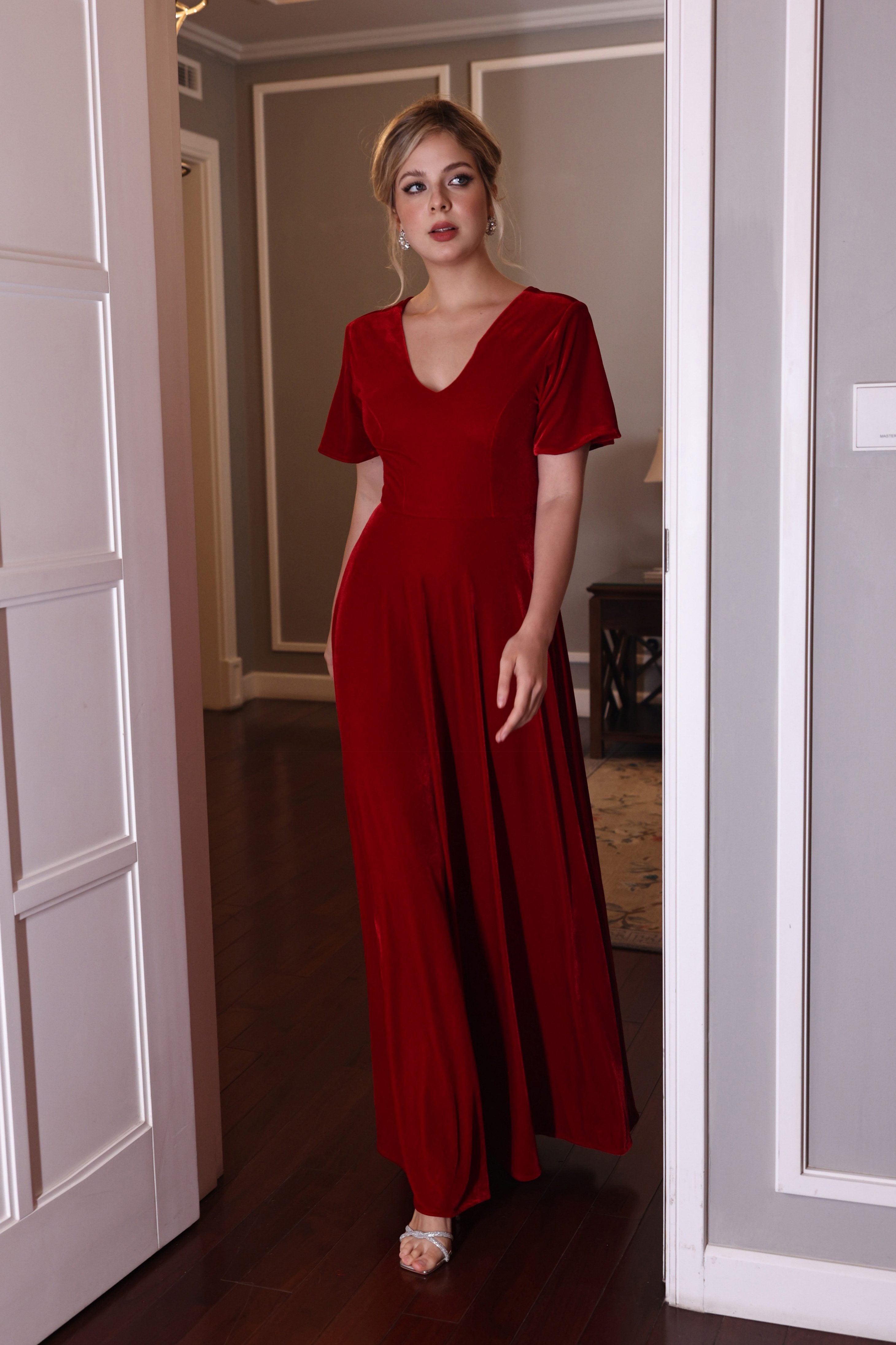 short sleeve velvet holiday gown