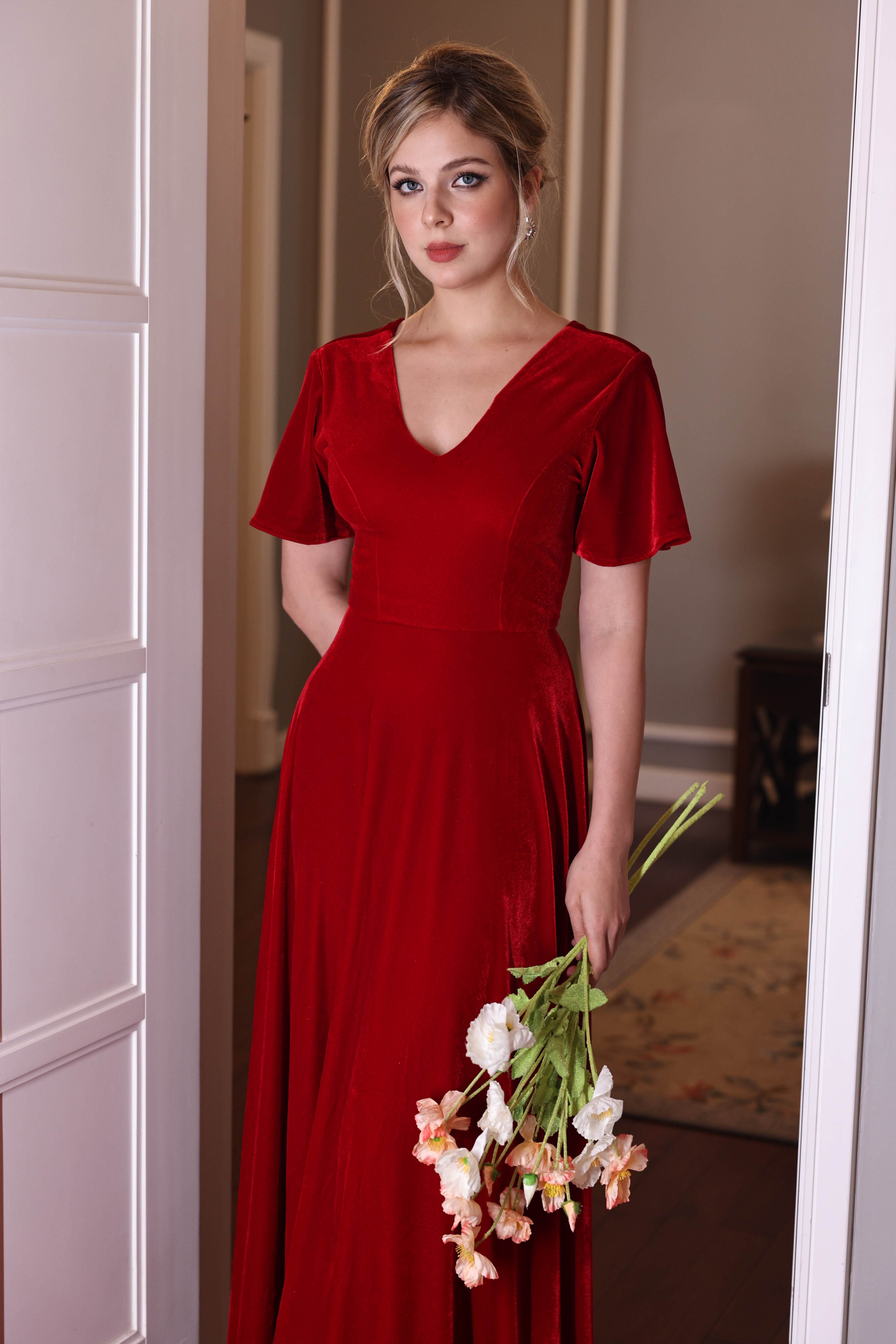 short sleeve velvet holiday gown
