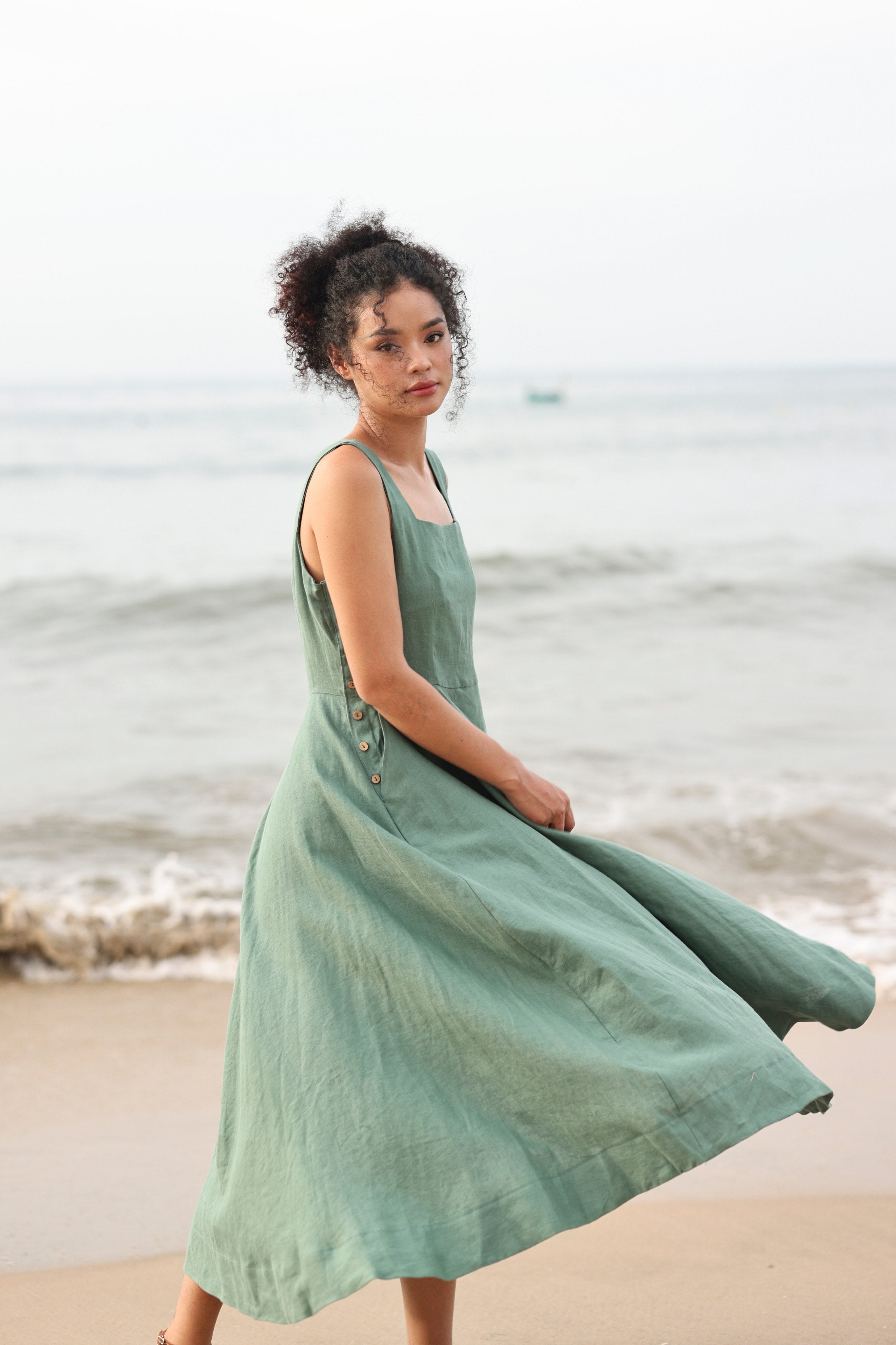 Side button linen dress