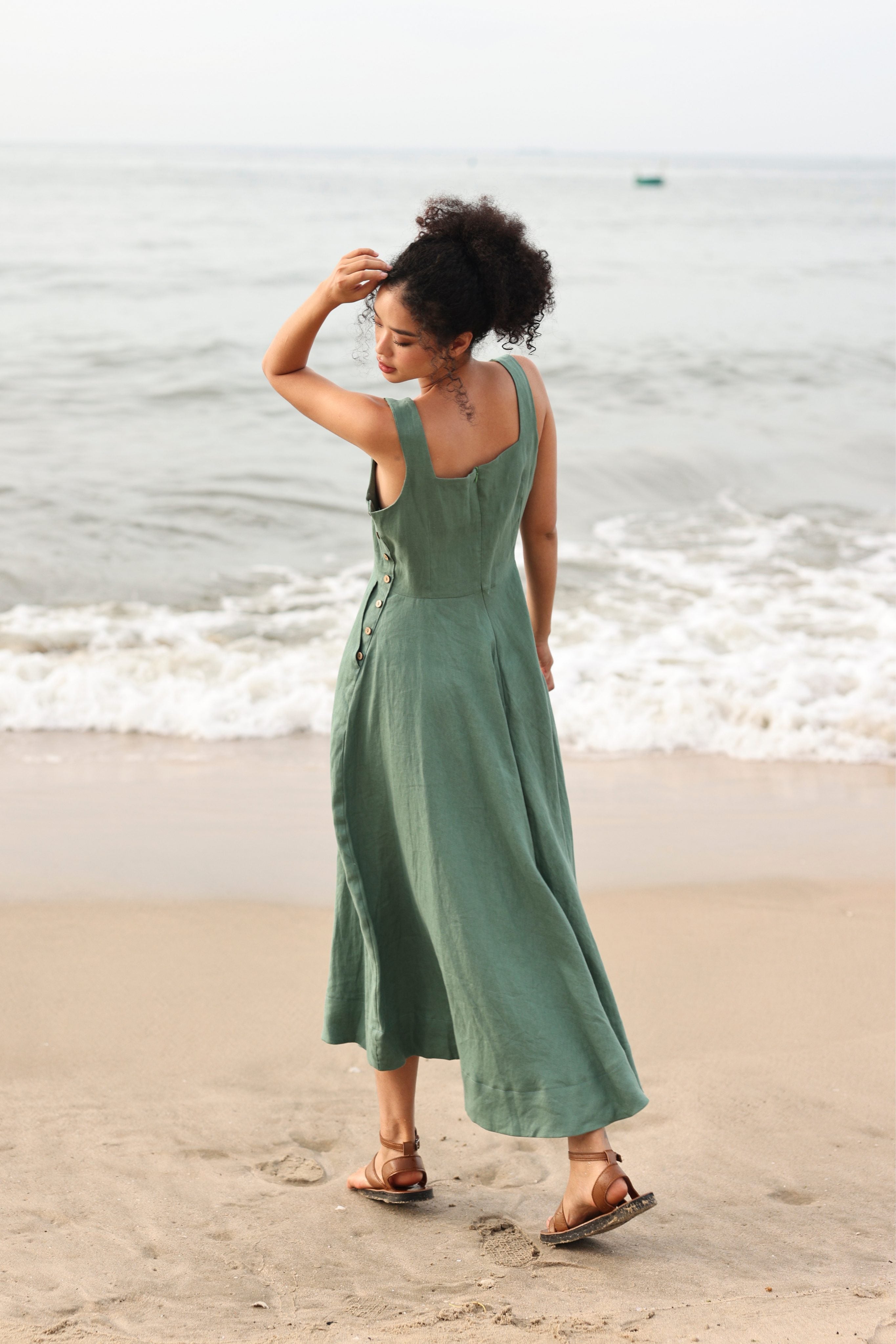 Side button linen dress