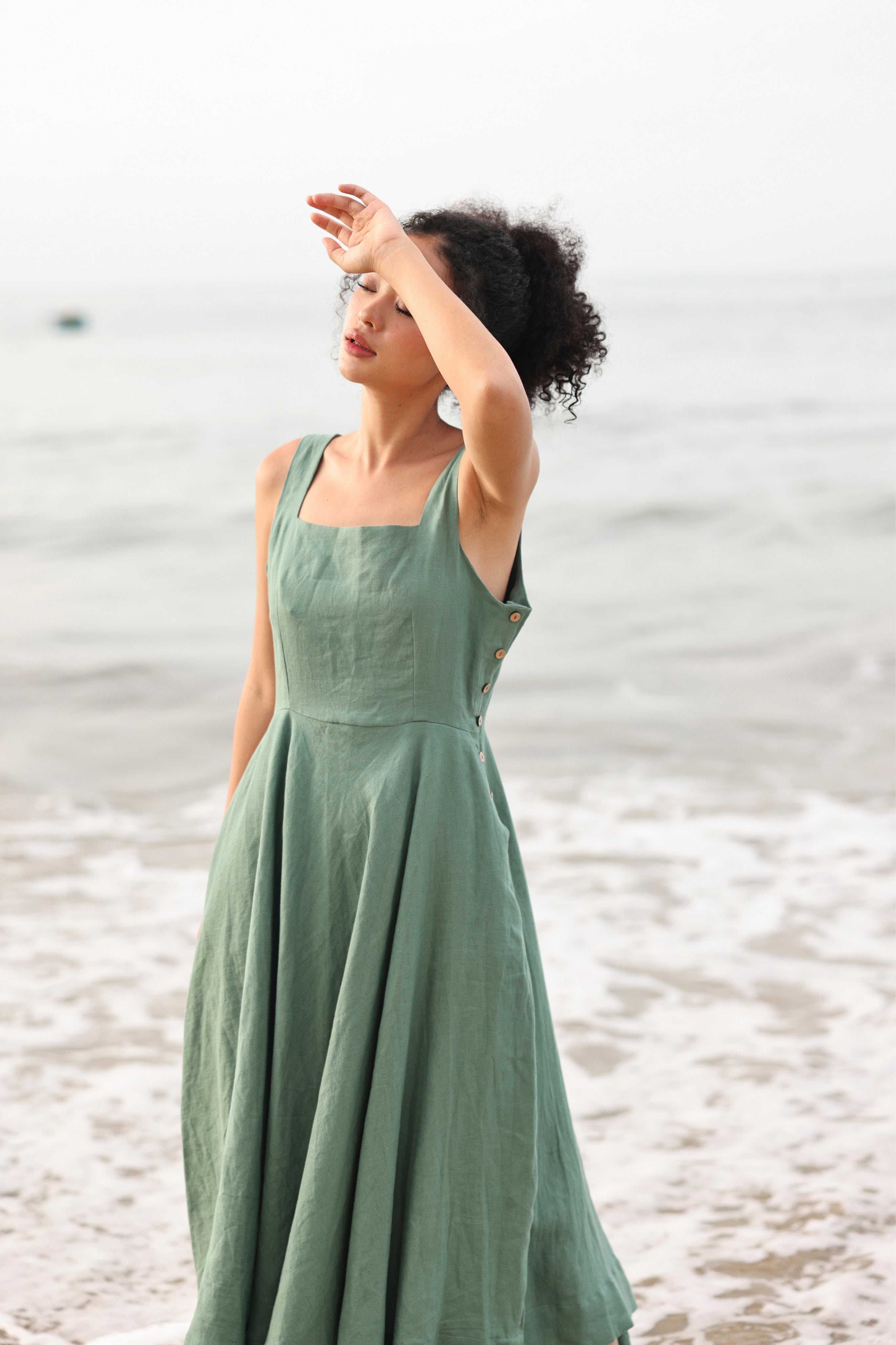 Side button linen dress