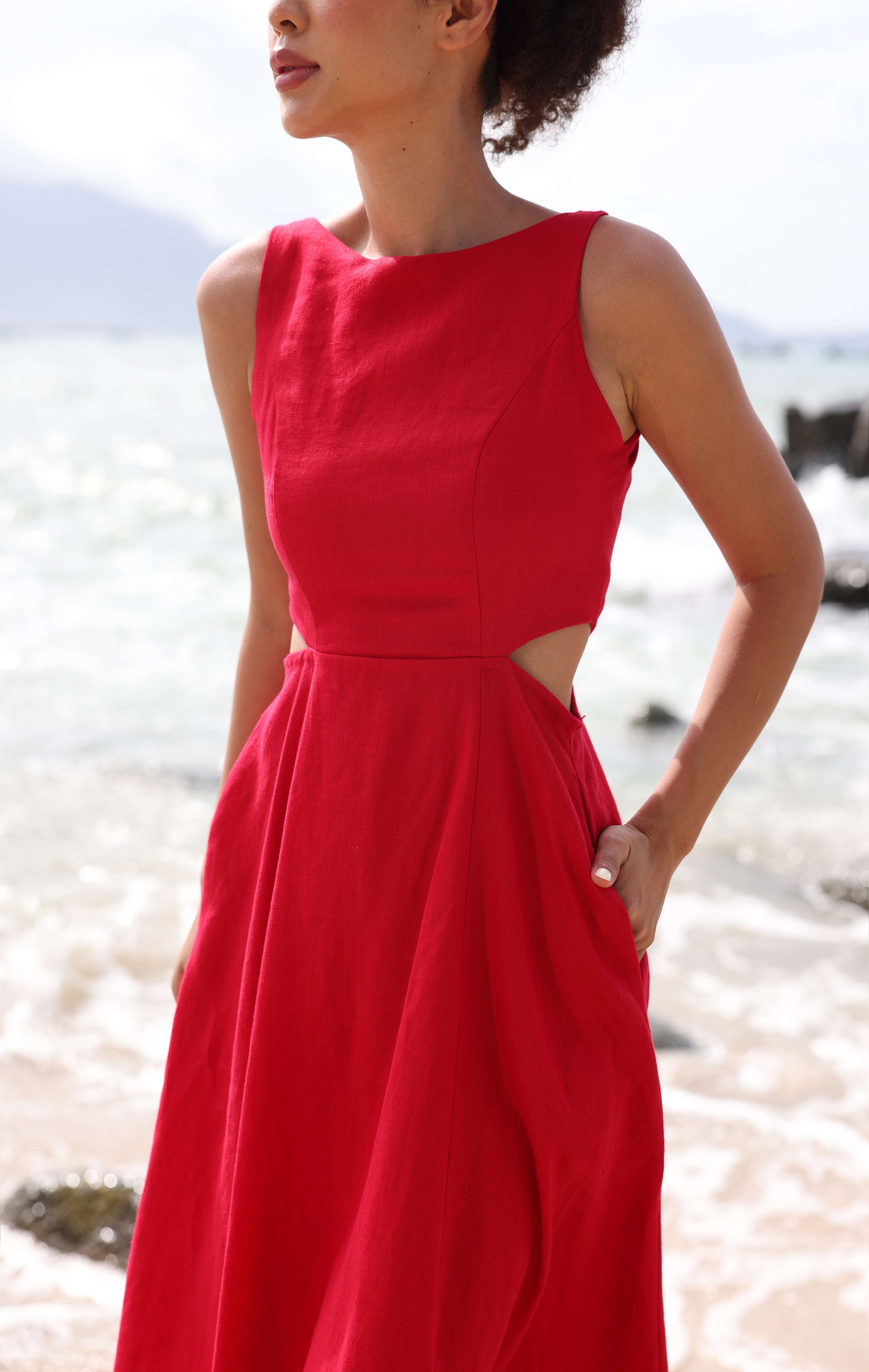 Side cut-out linen dress