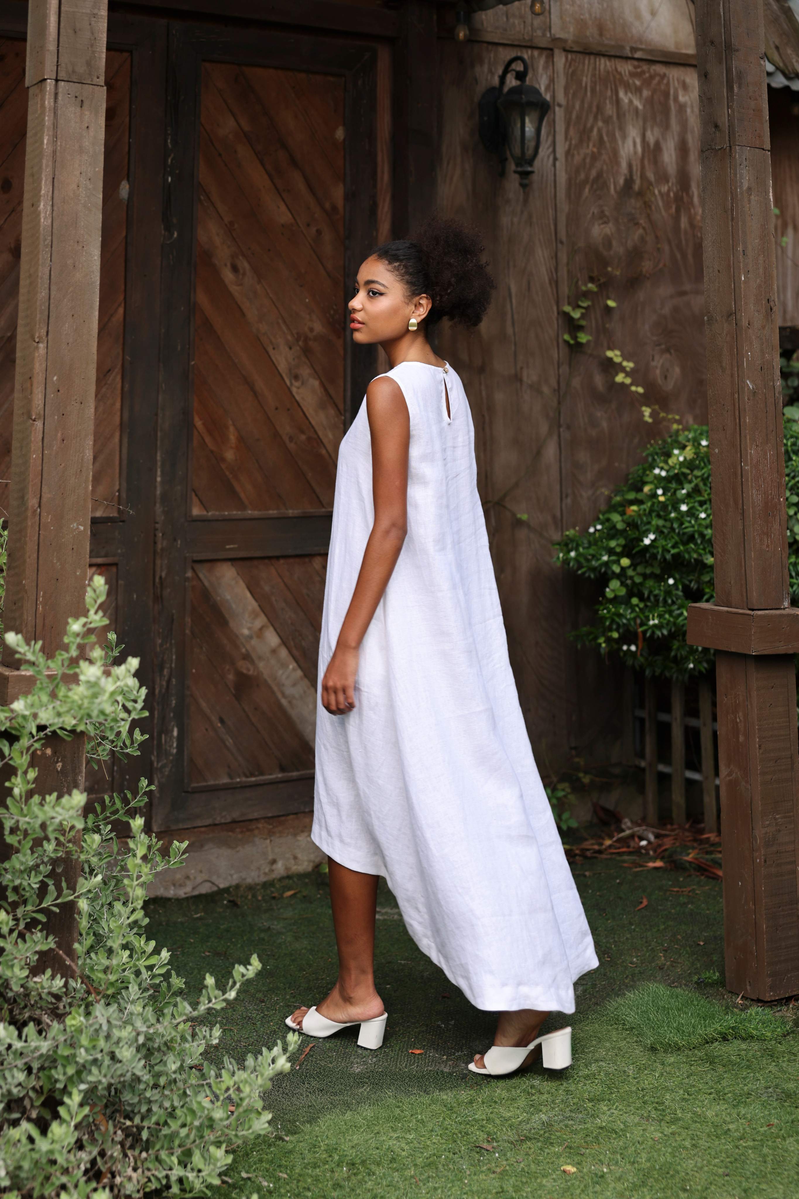 linen high low dress White Linen Maxi Dress - Women's Sleeveless Asymmetrical High-Low
