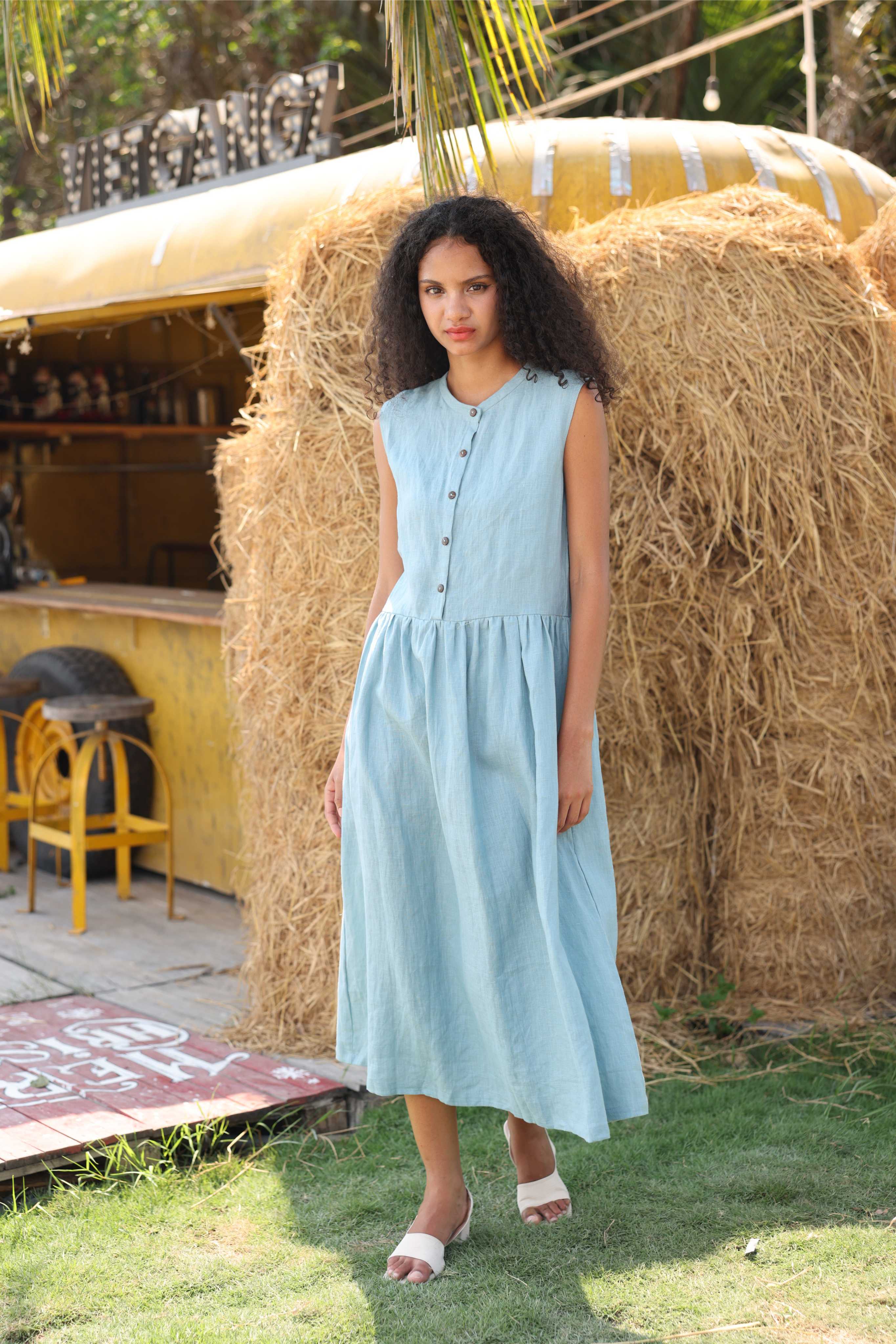 Sleeveless linen button dress