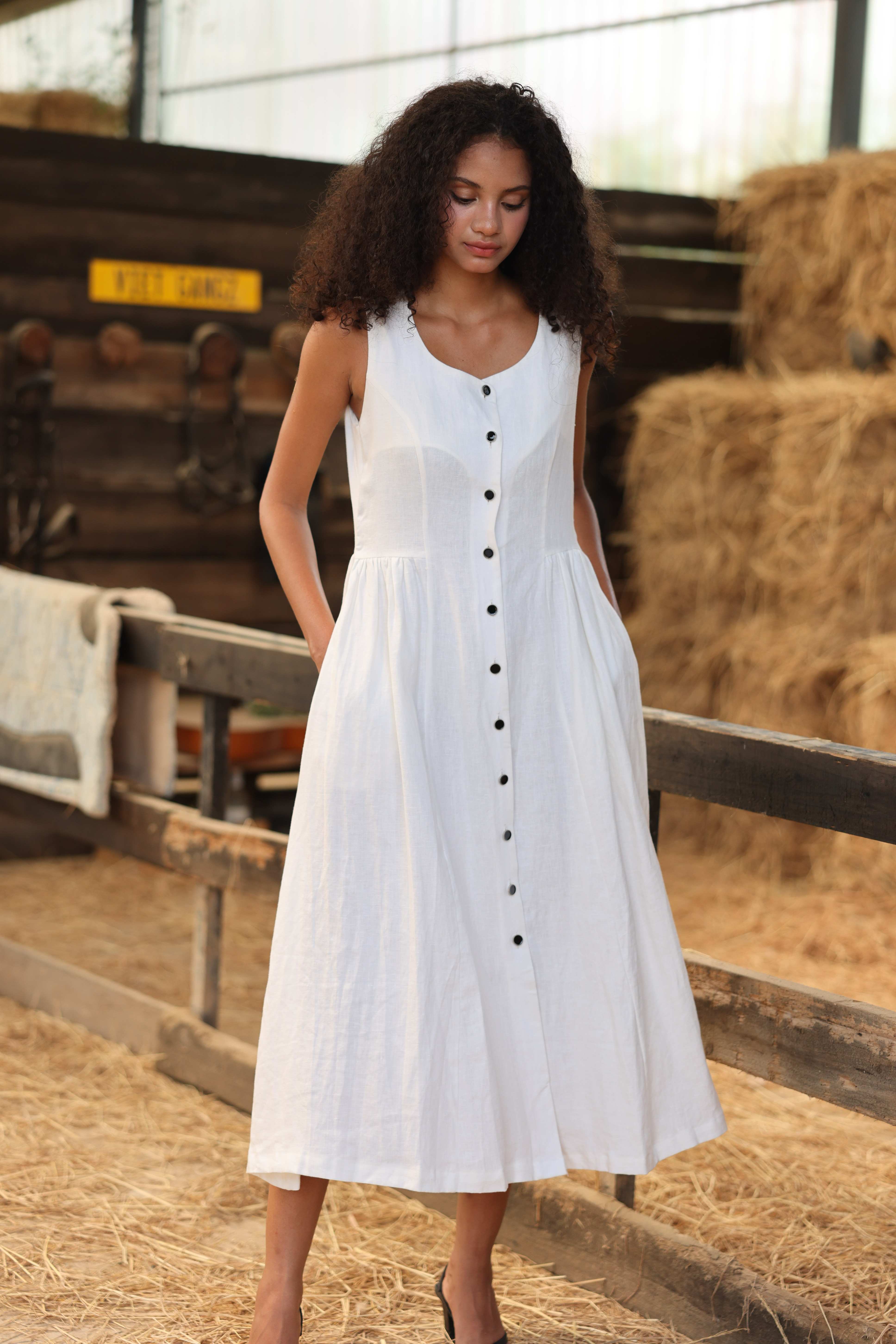 sleeveless linen midi dress