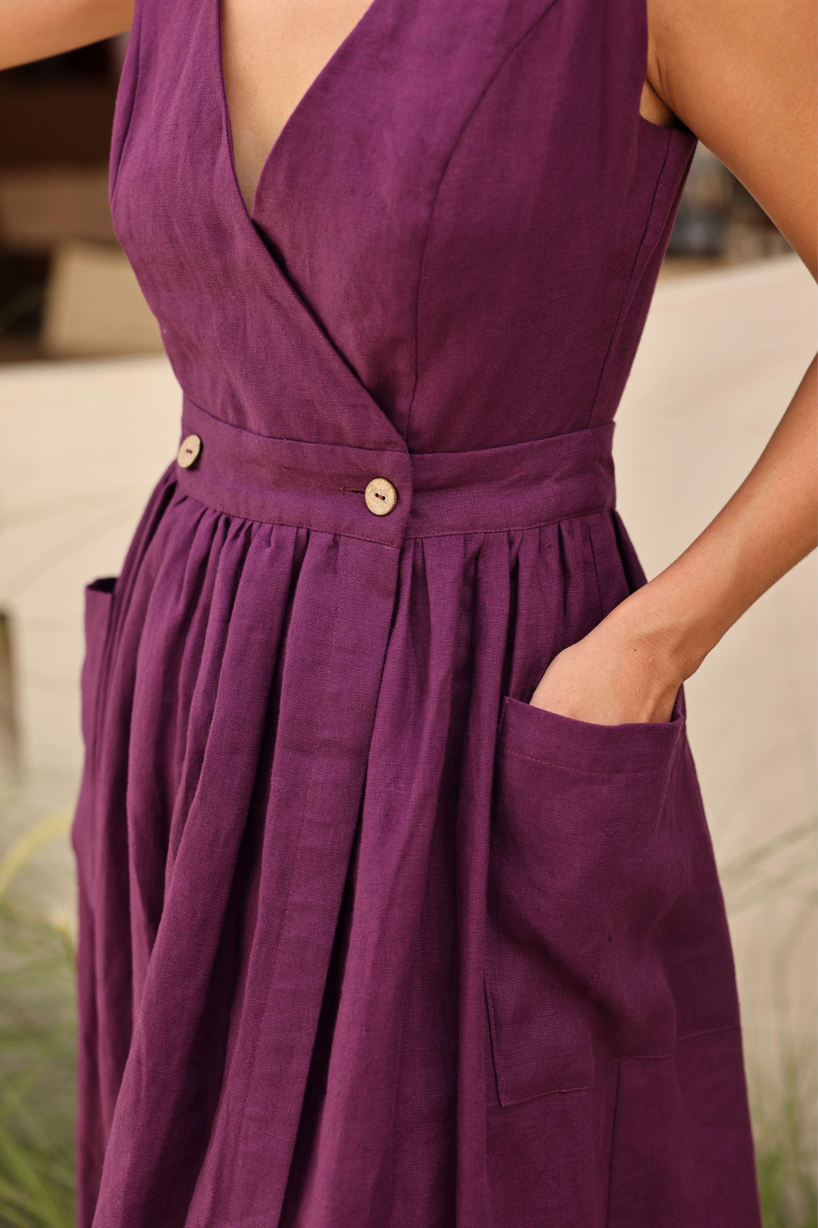 Sleeveless linen wrap dress