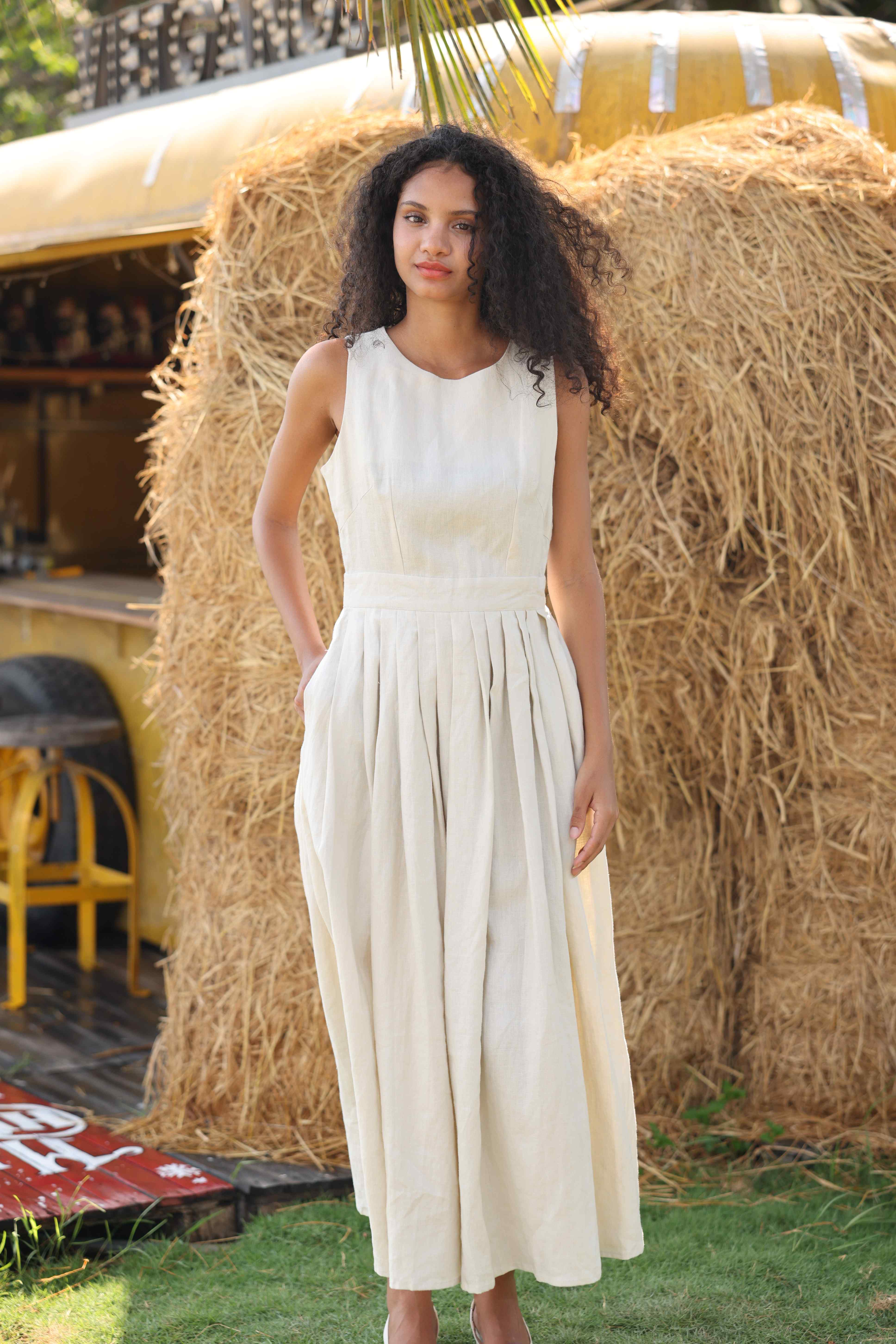 sleeveless pleated linen dress