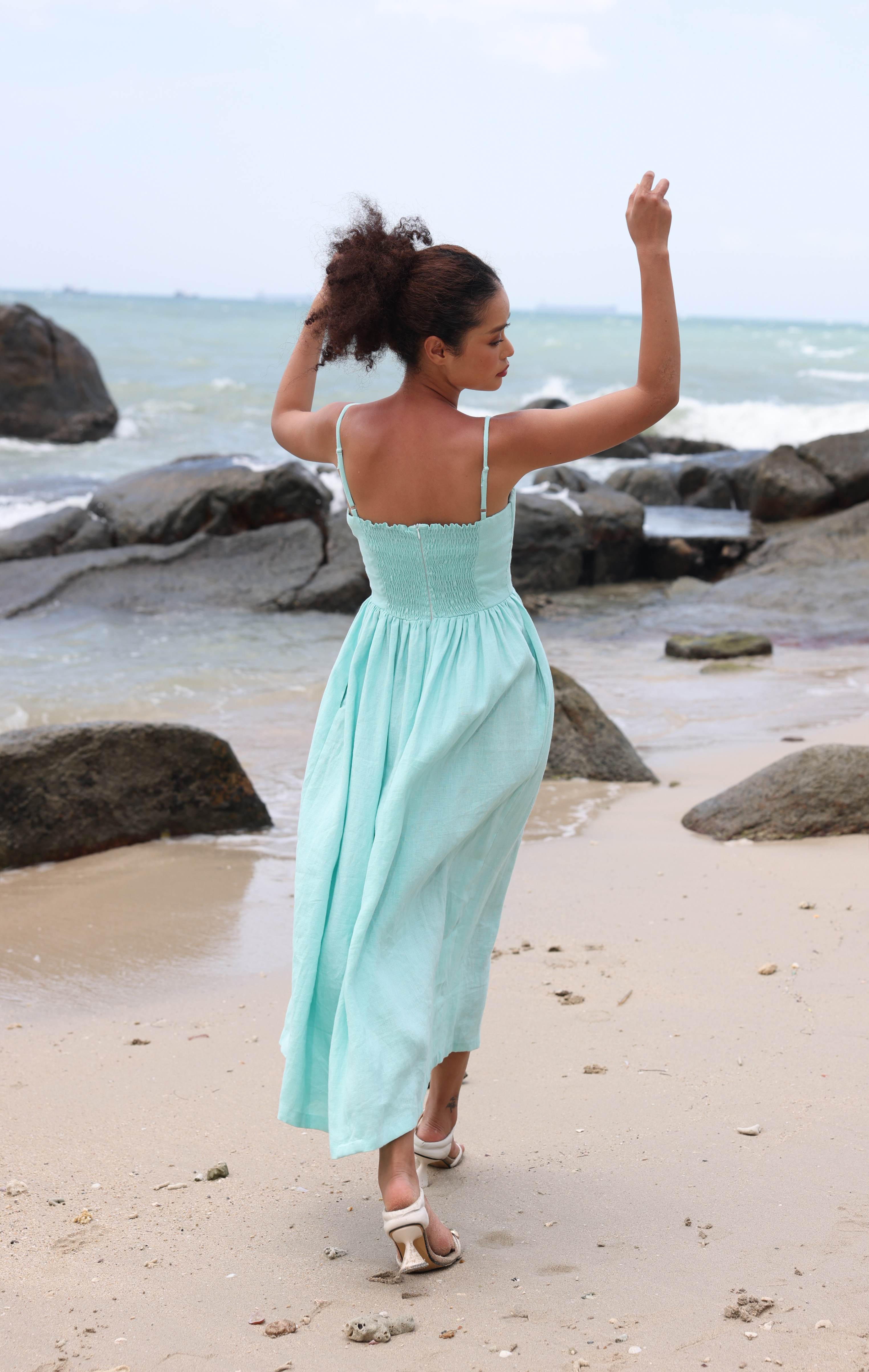 Smocked back linen dress 