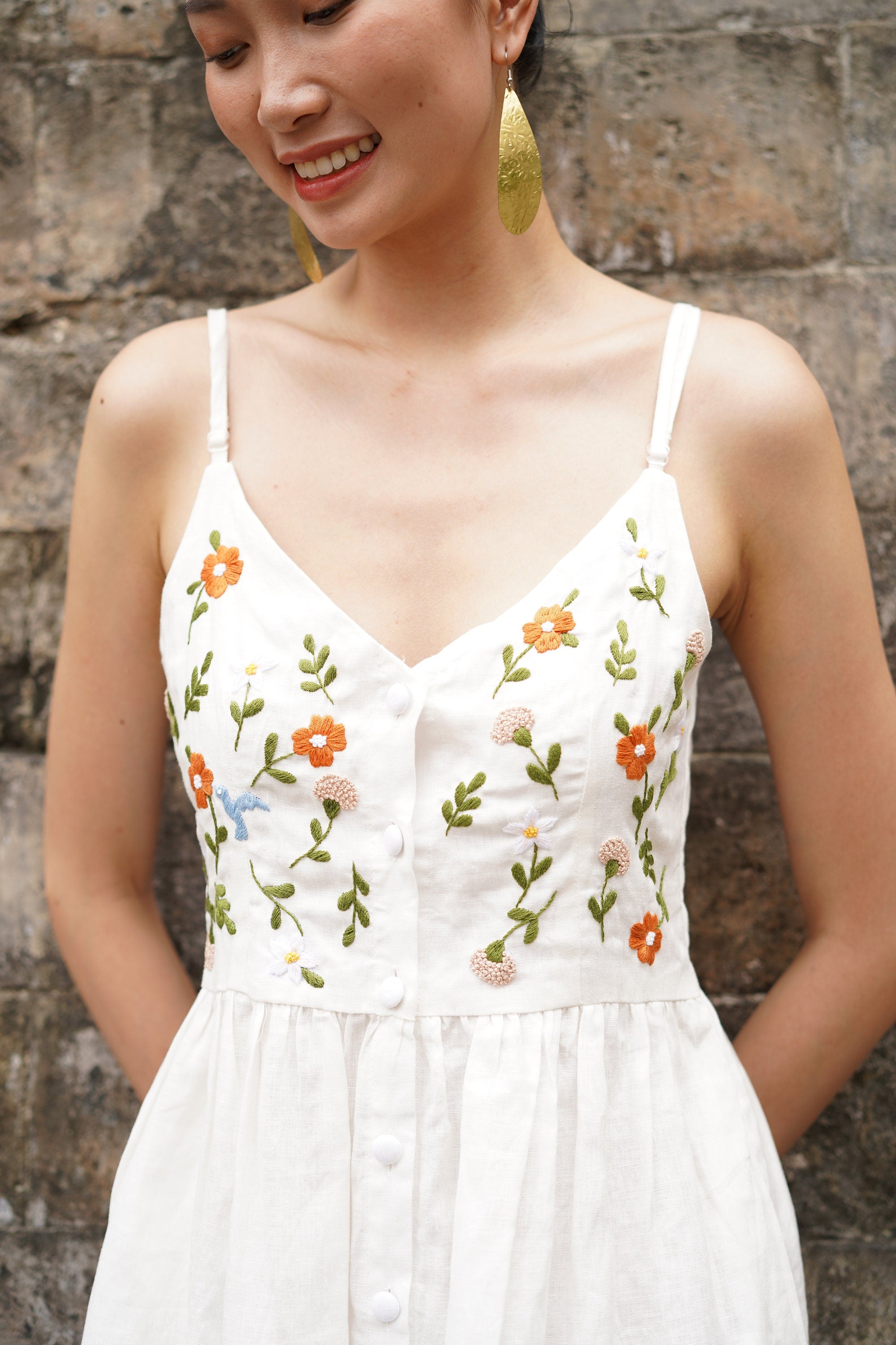 Spaghetti strap embroidered linen dress