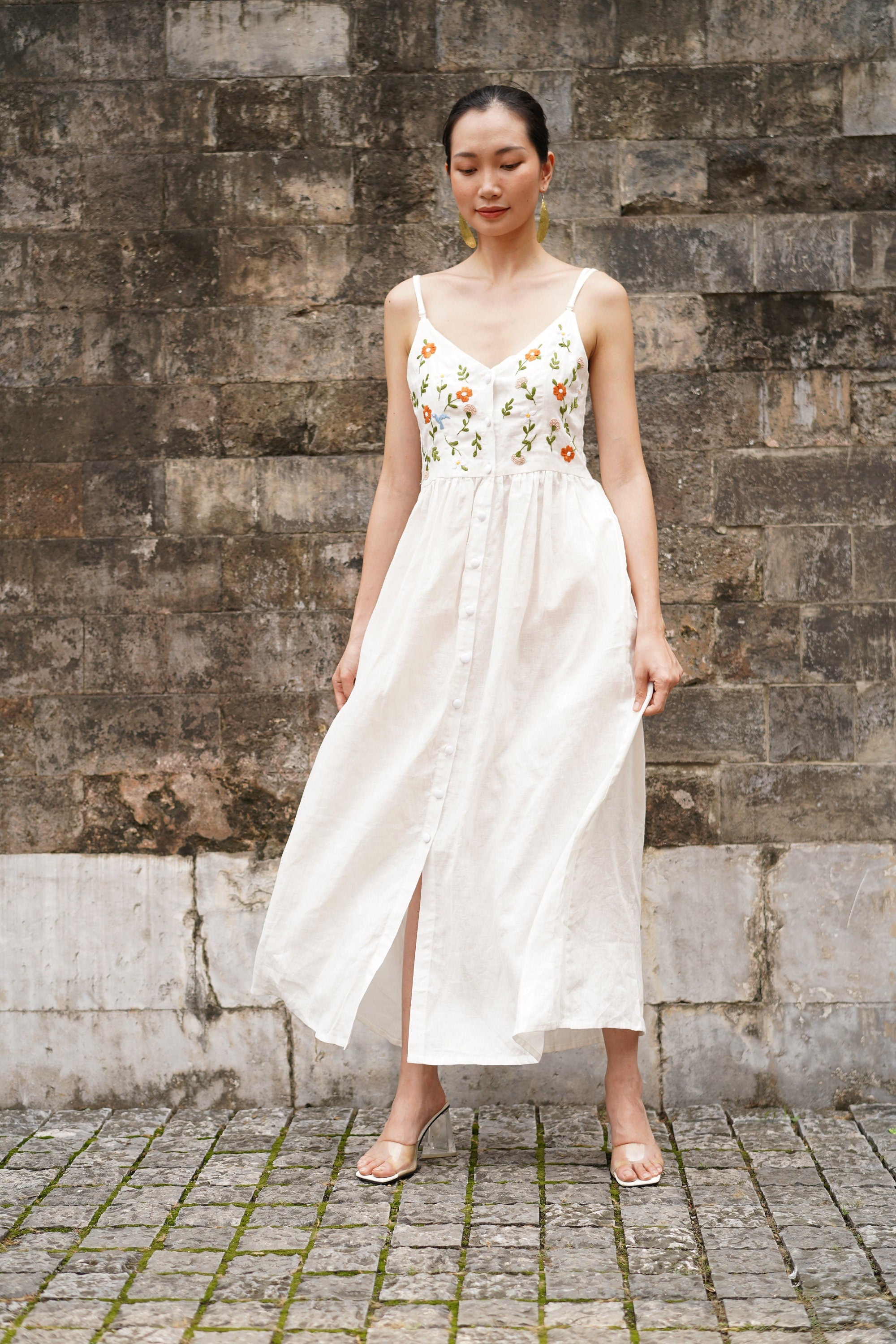 Spaghetti strap embroidered linen dress