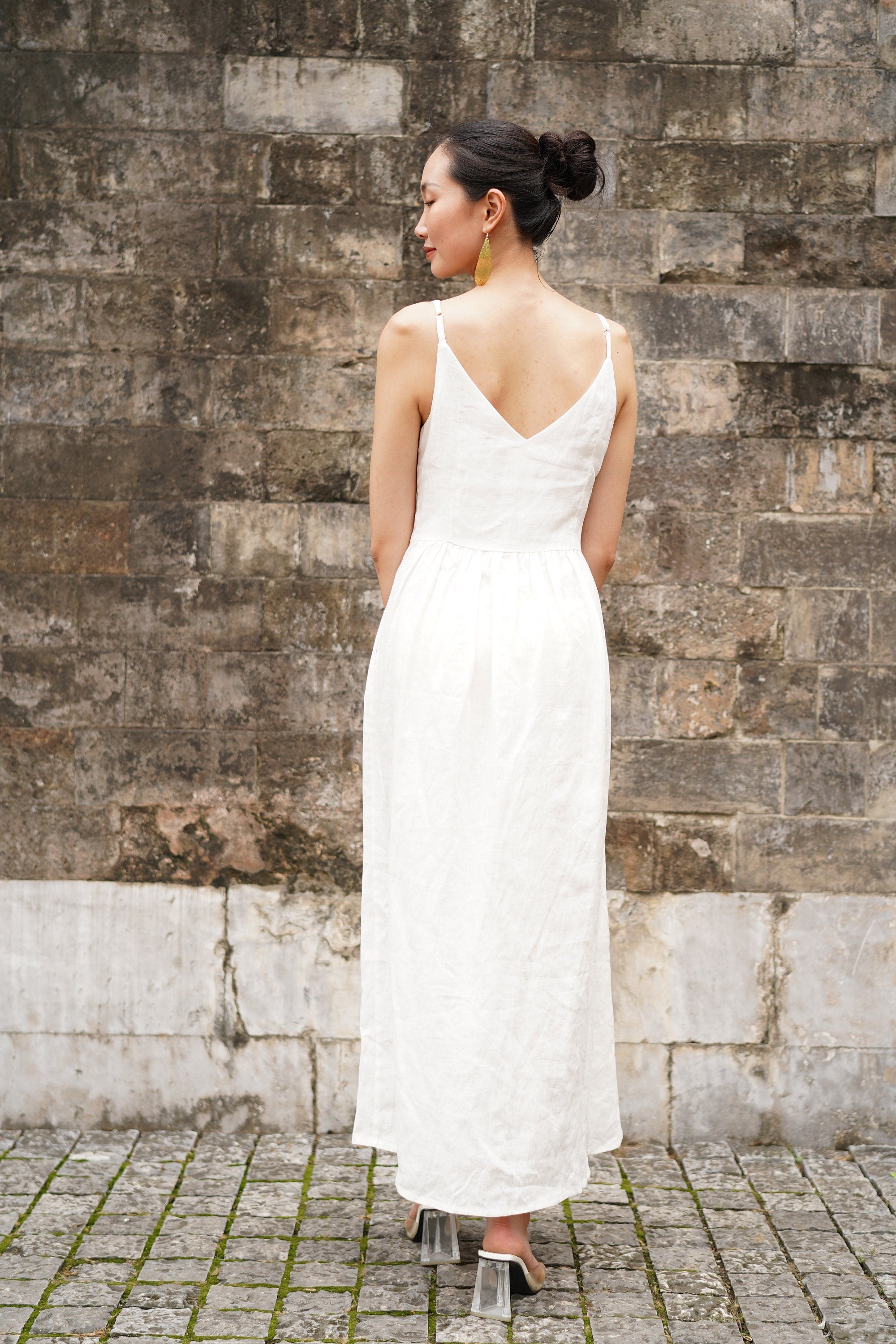 Spaghetti strap embroidered linen dress