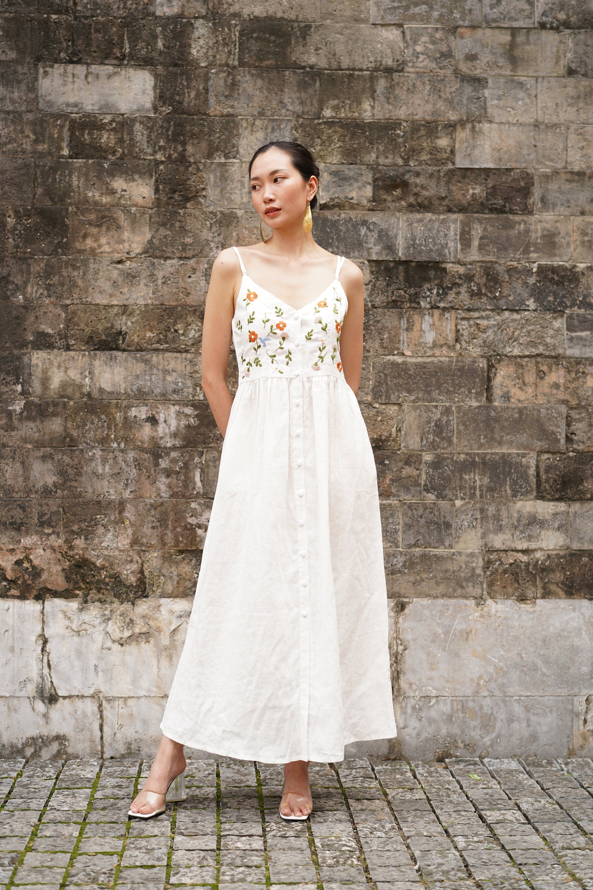 Spaghetti strap embroidered linen dress