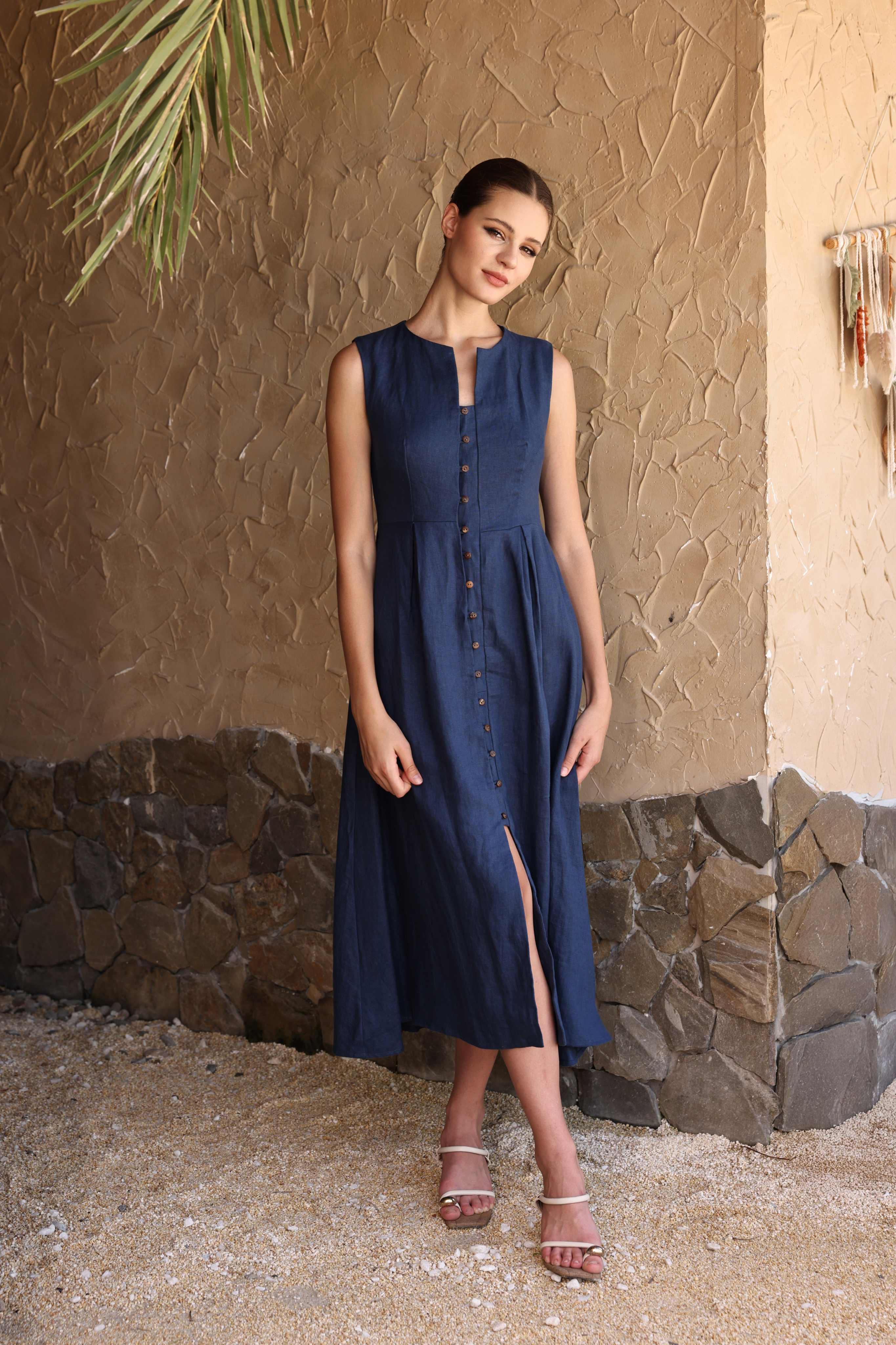 Split neckline linen dress