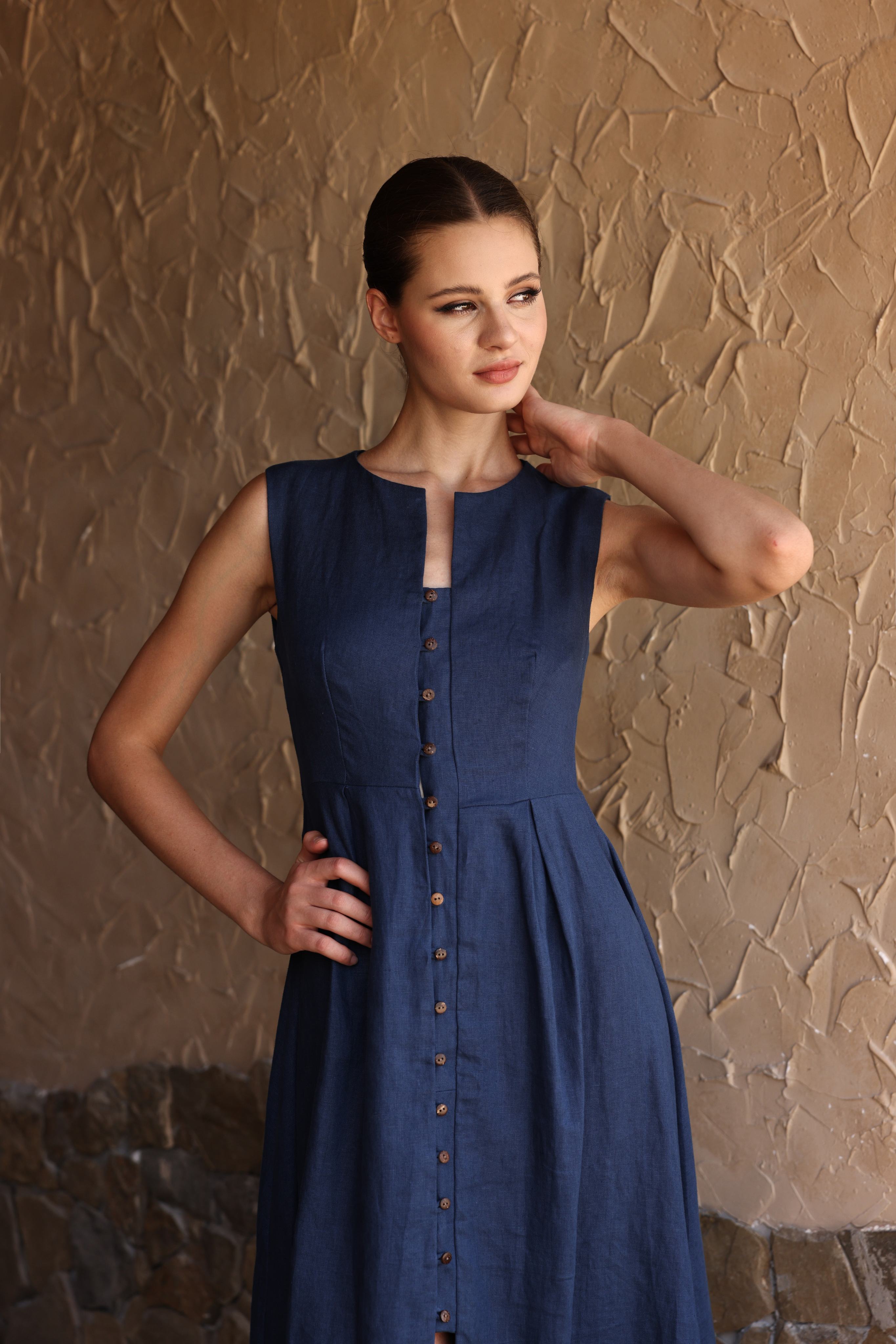 Split neckline linen dress