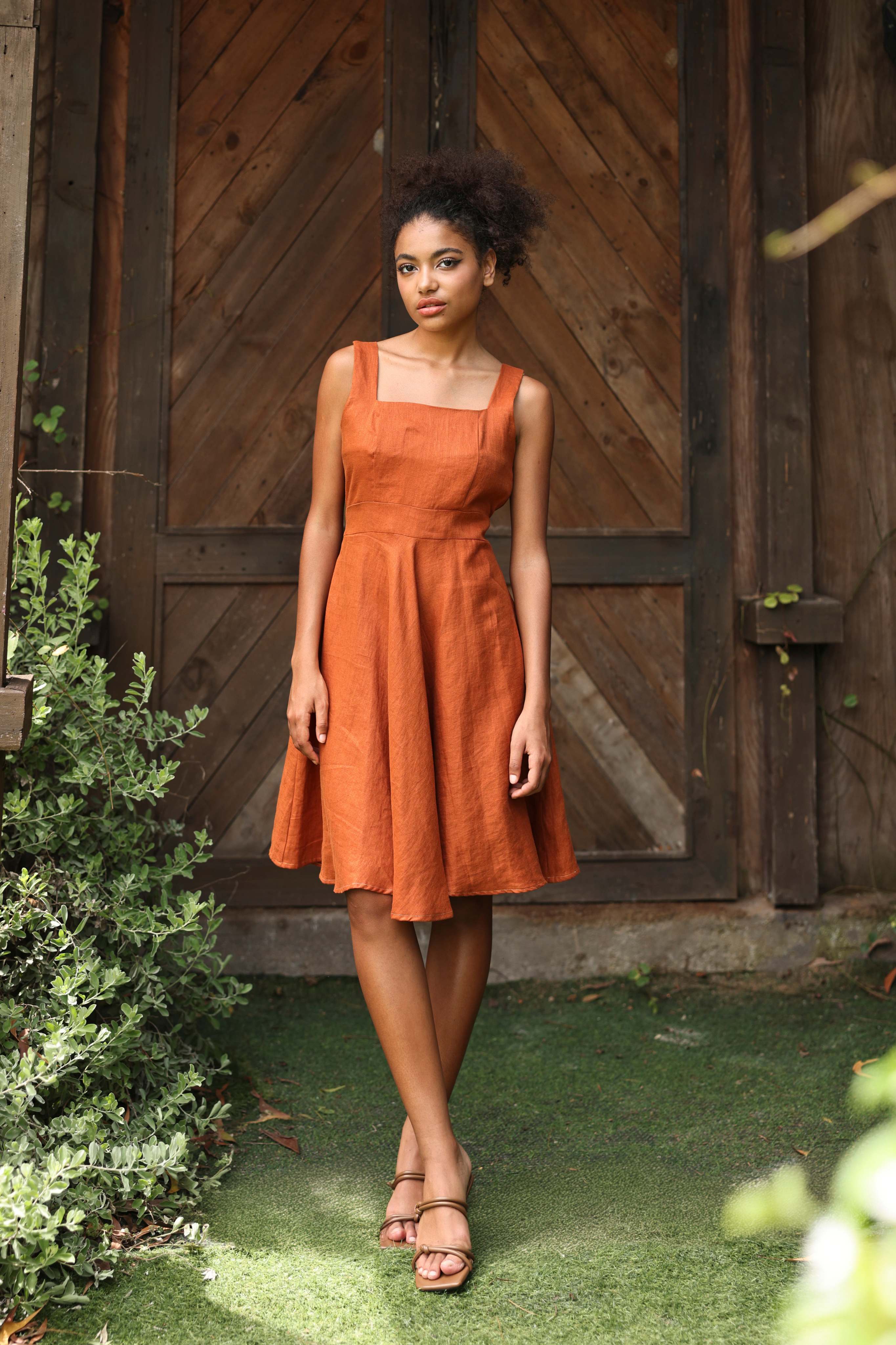Square neck linen A-line dress