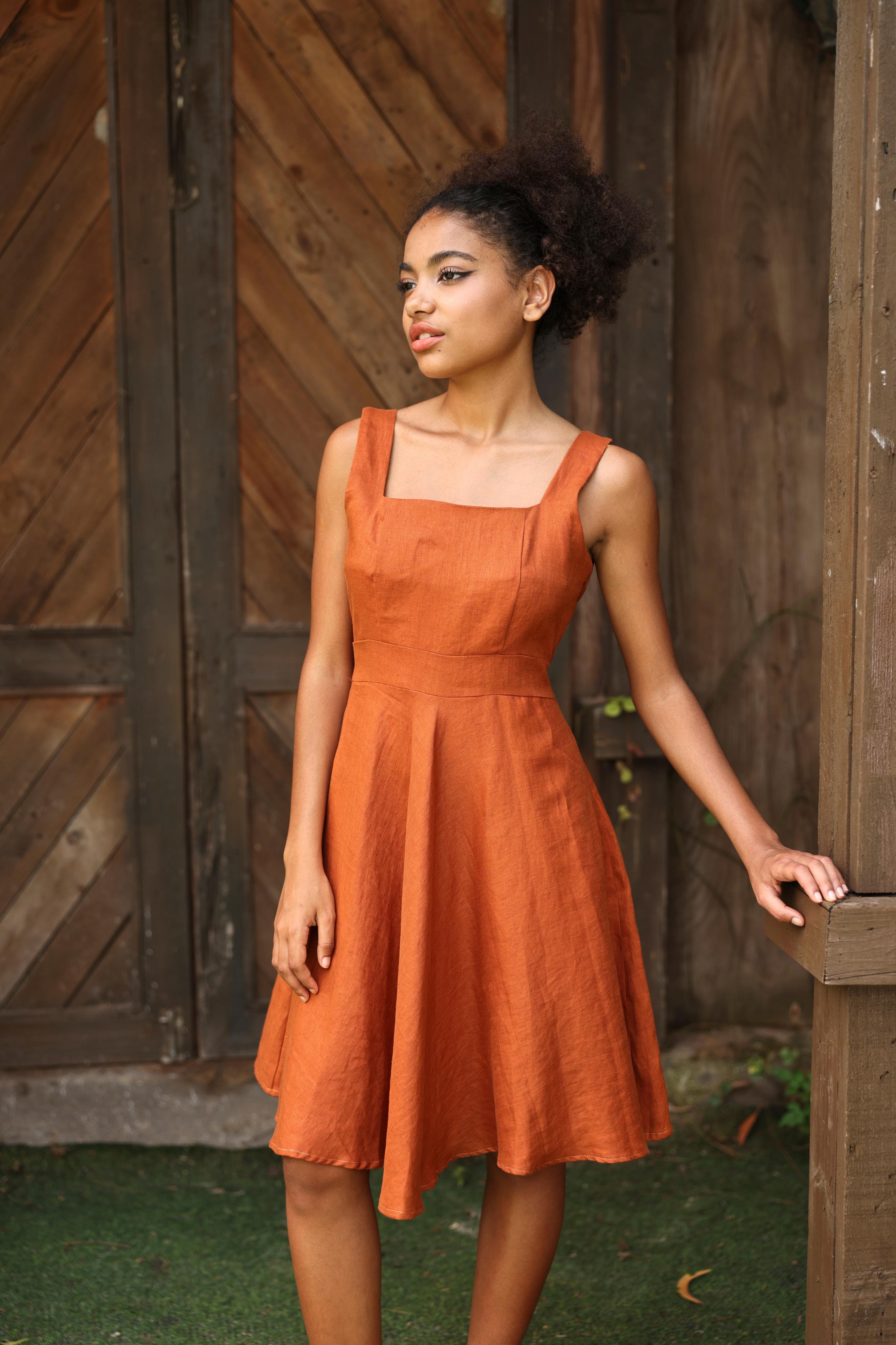 Square neck linen A-line dress