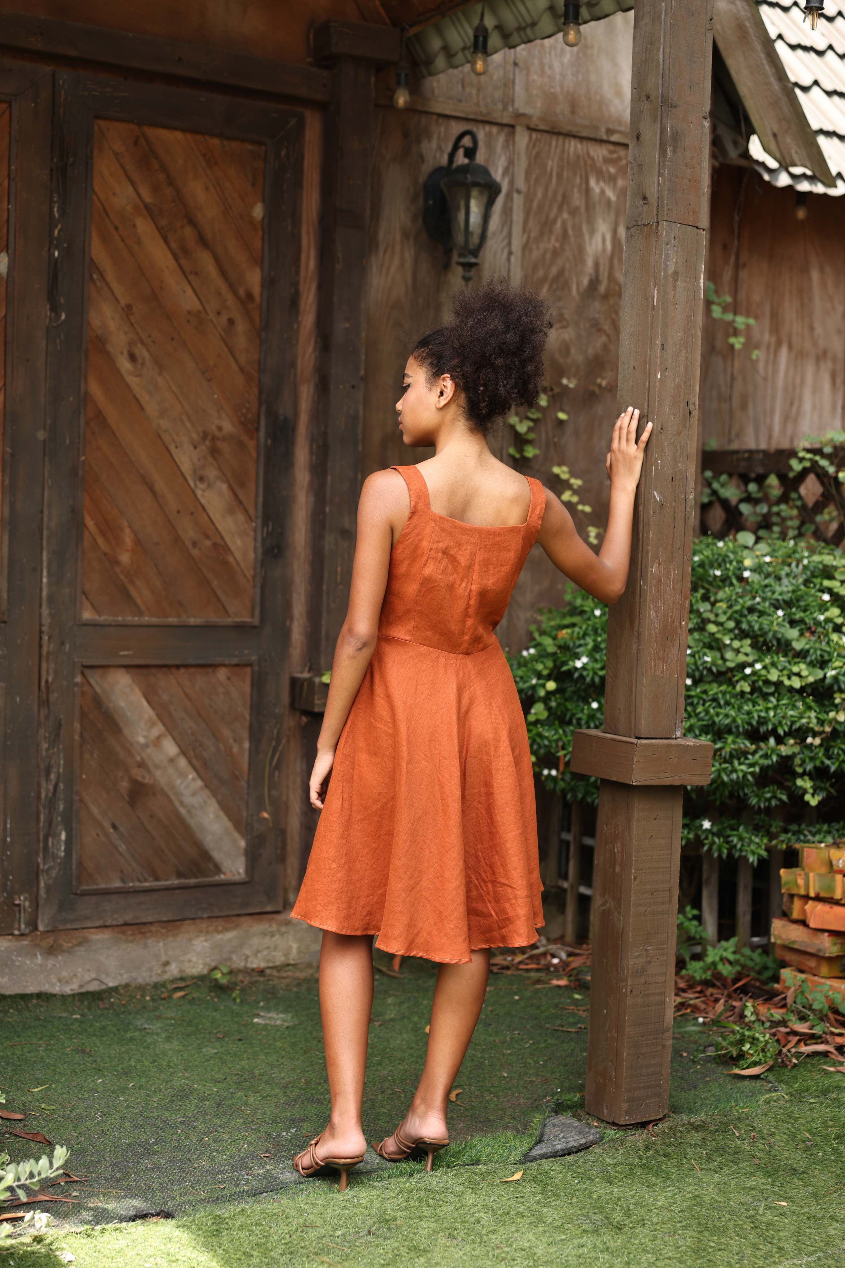 Square neck linen A-line dress