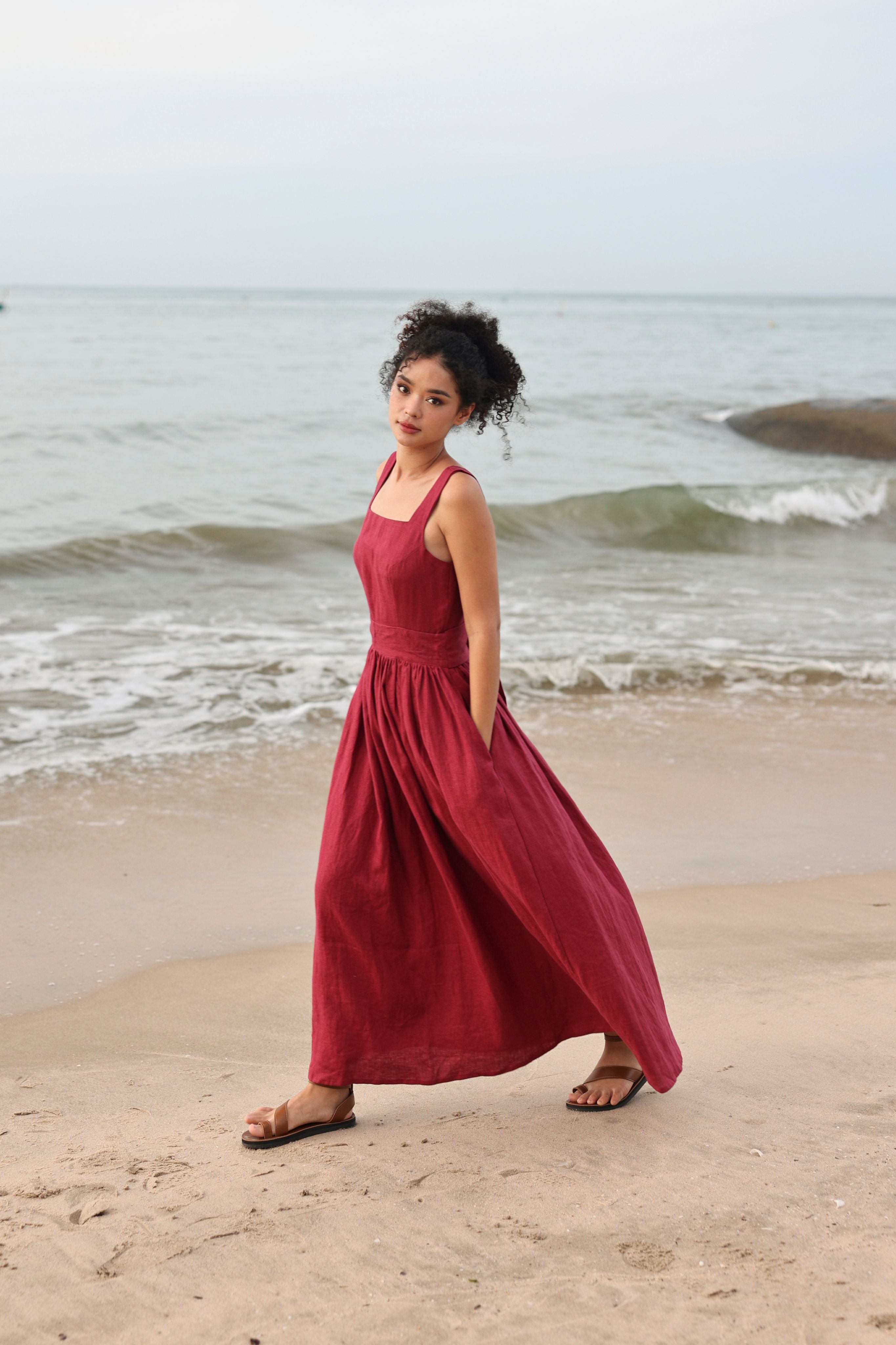 Square neck linen maxi dress