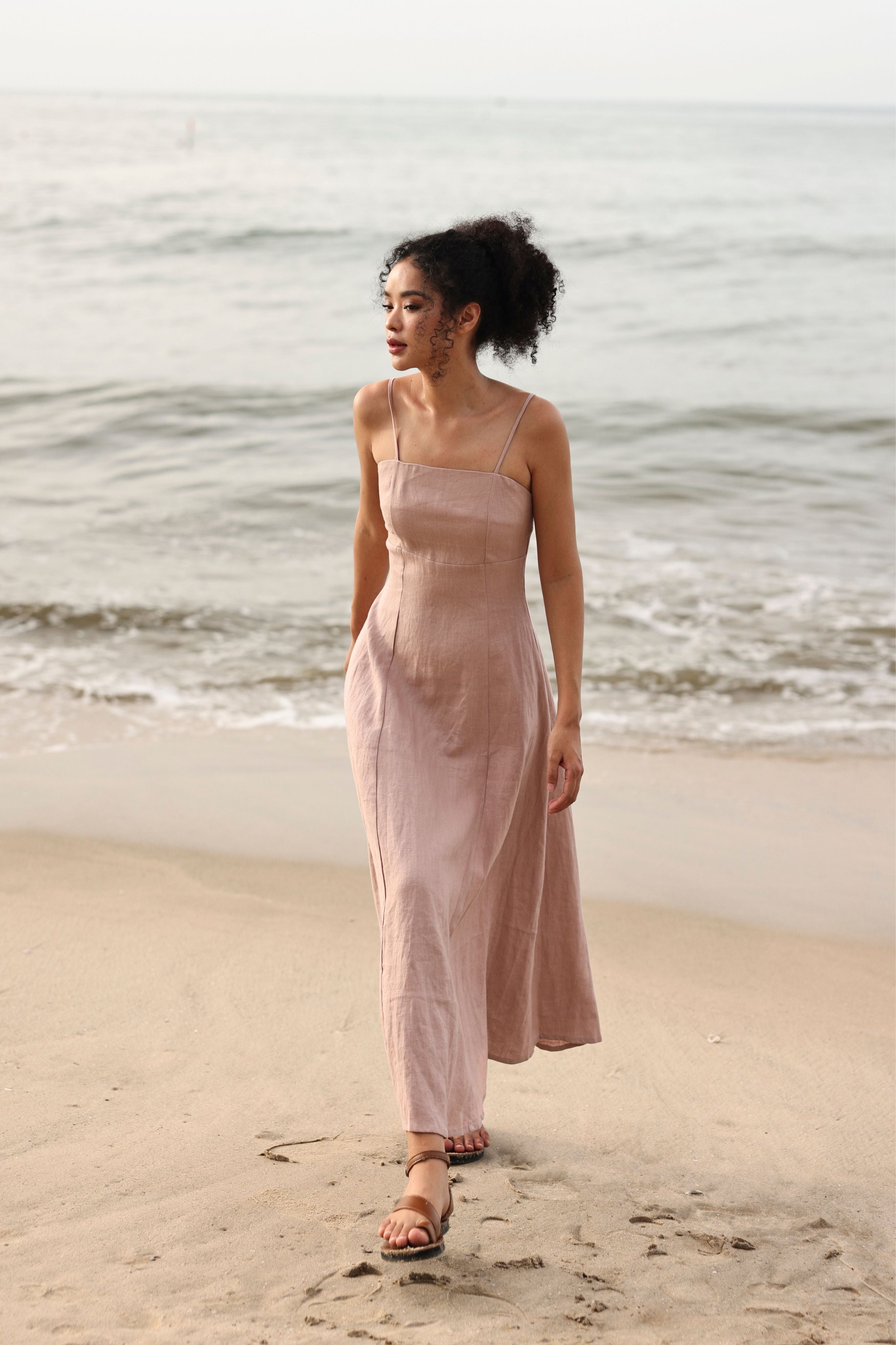 Square neck linen slip dress