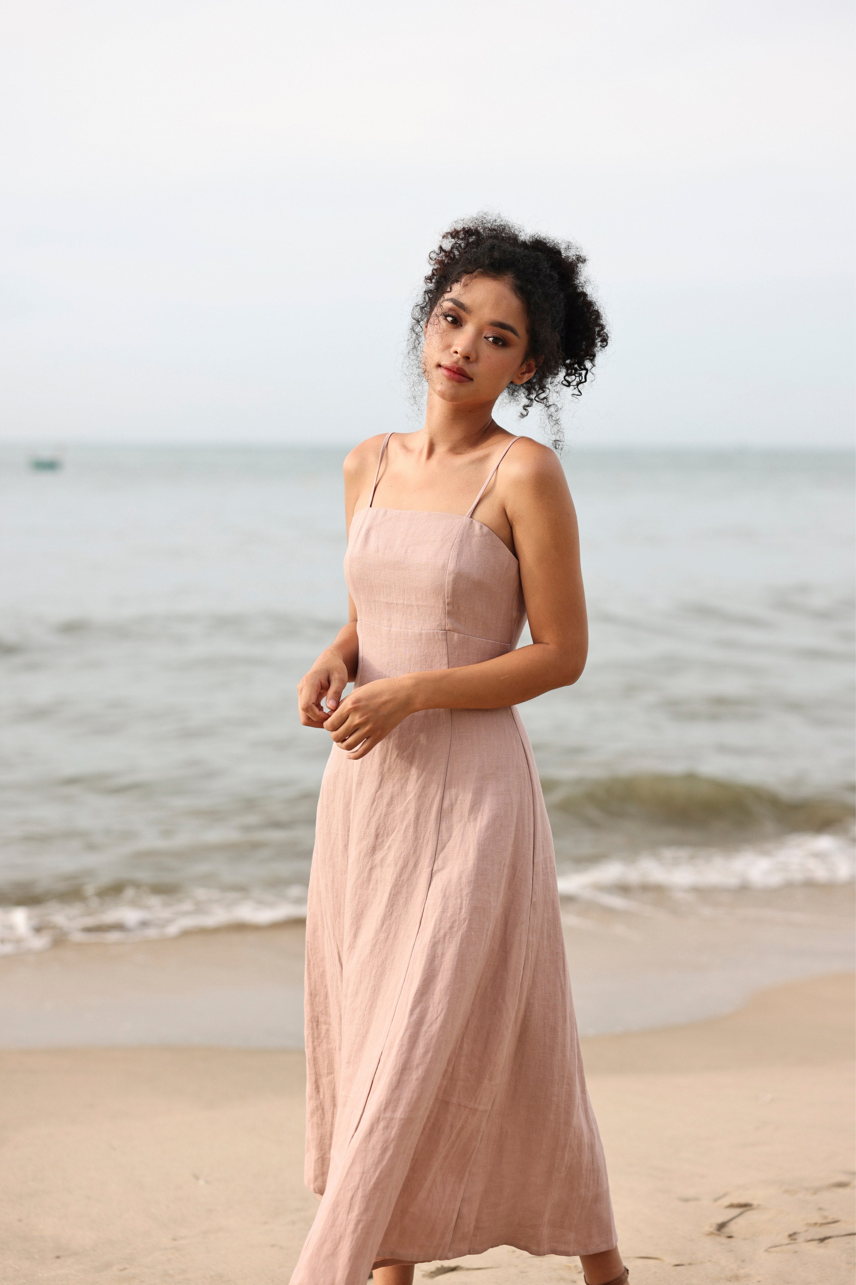 Square neck linen slip dress