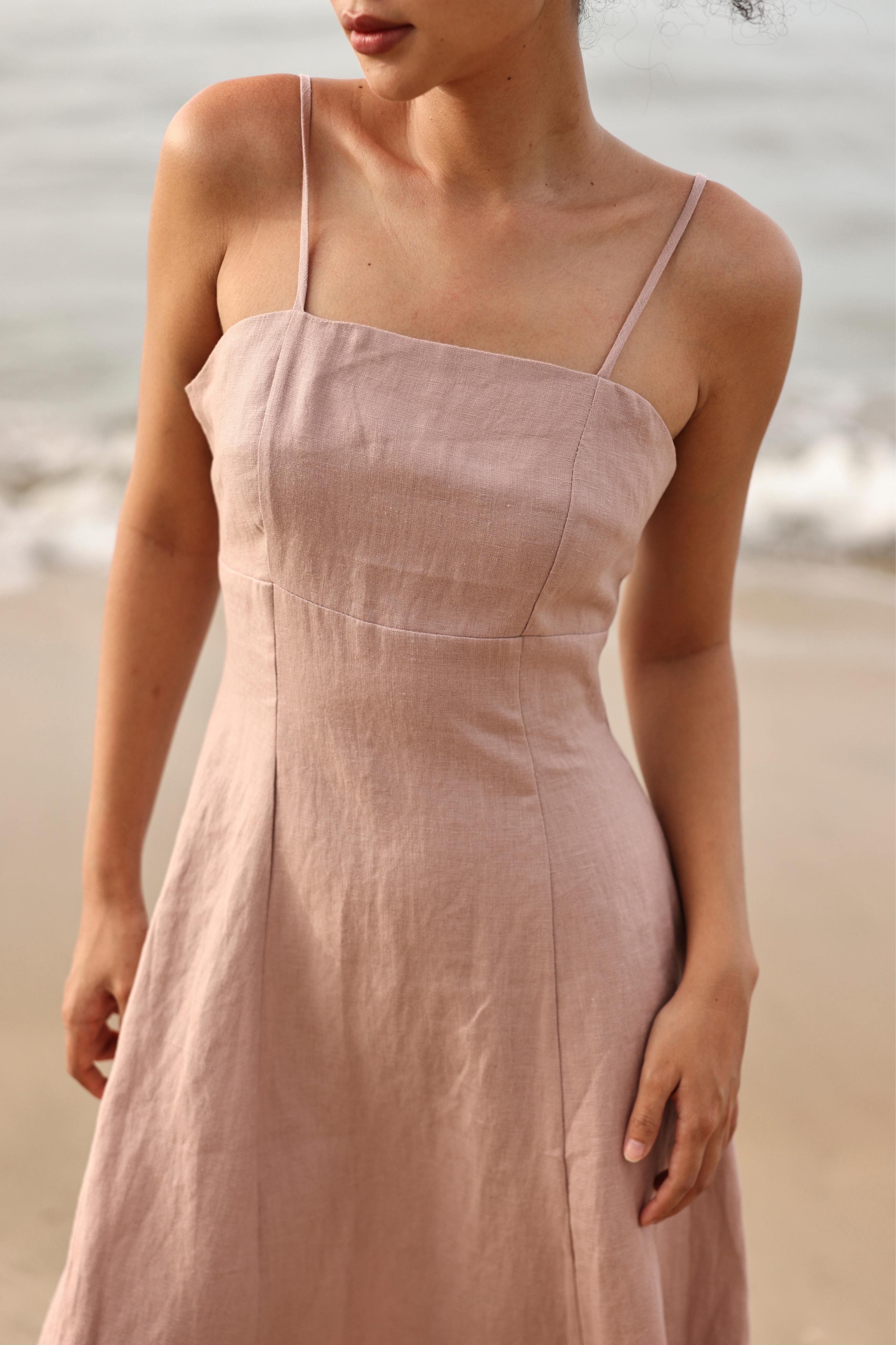 Square neck linen slip dress