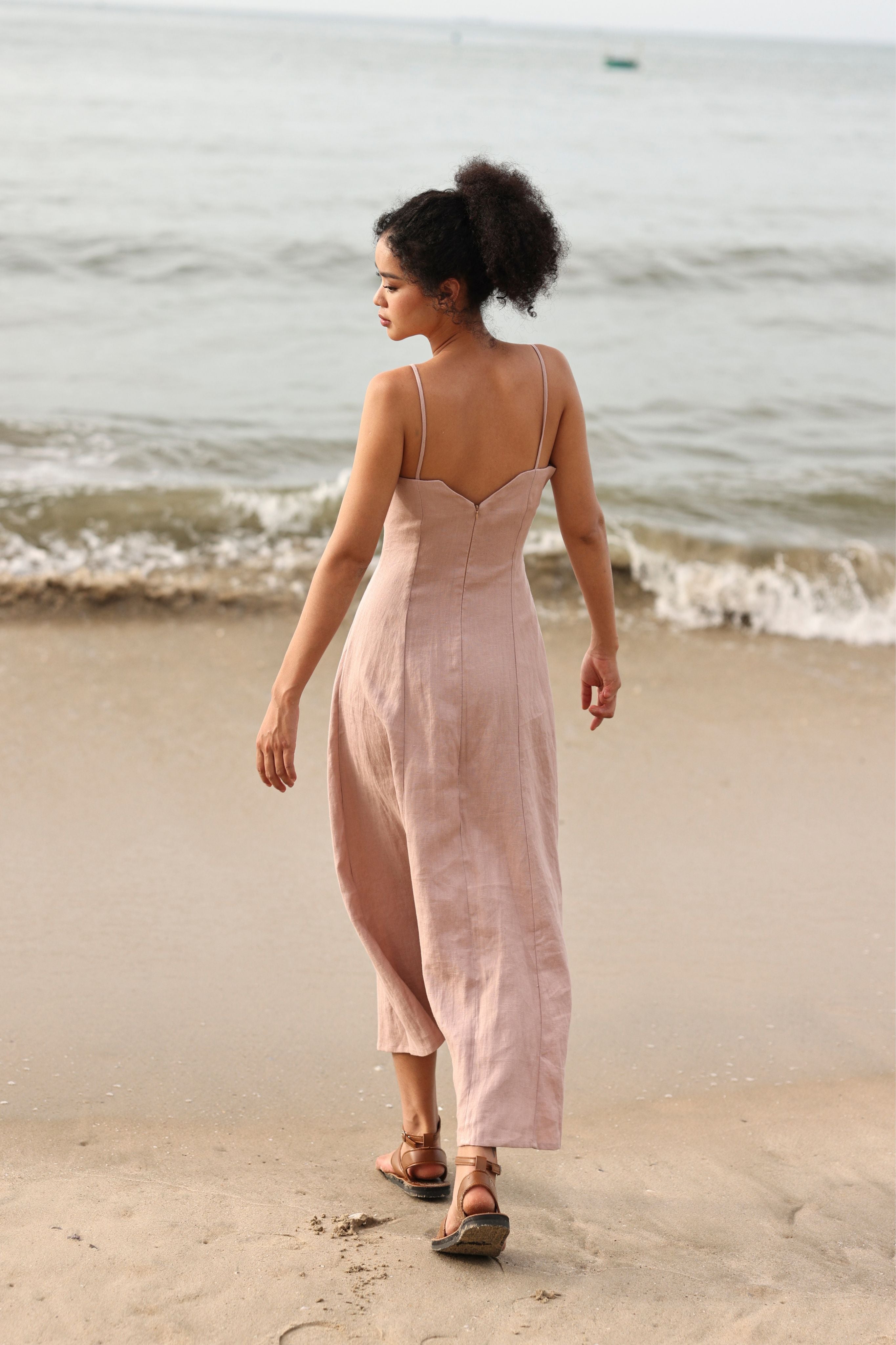 Square neck linen slip dress