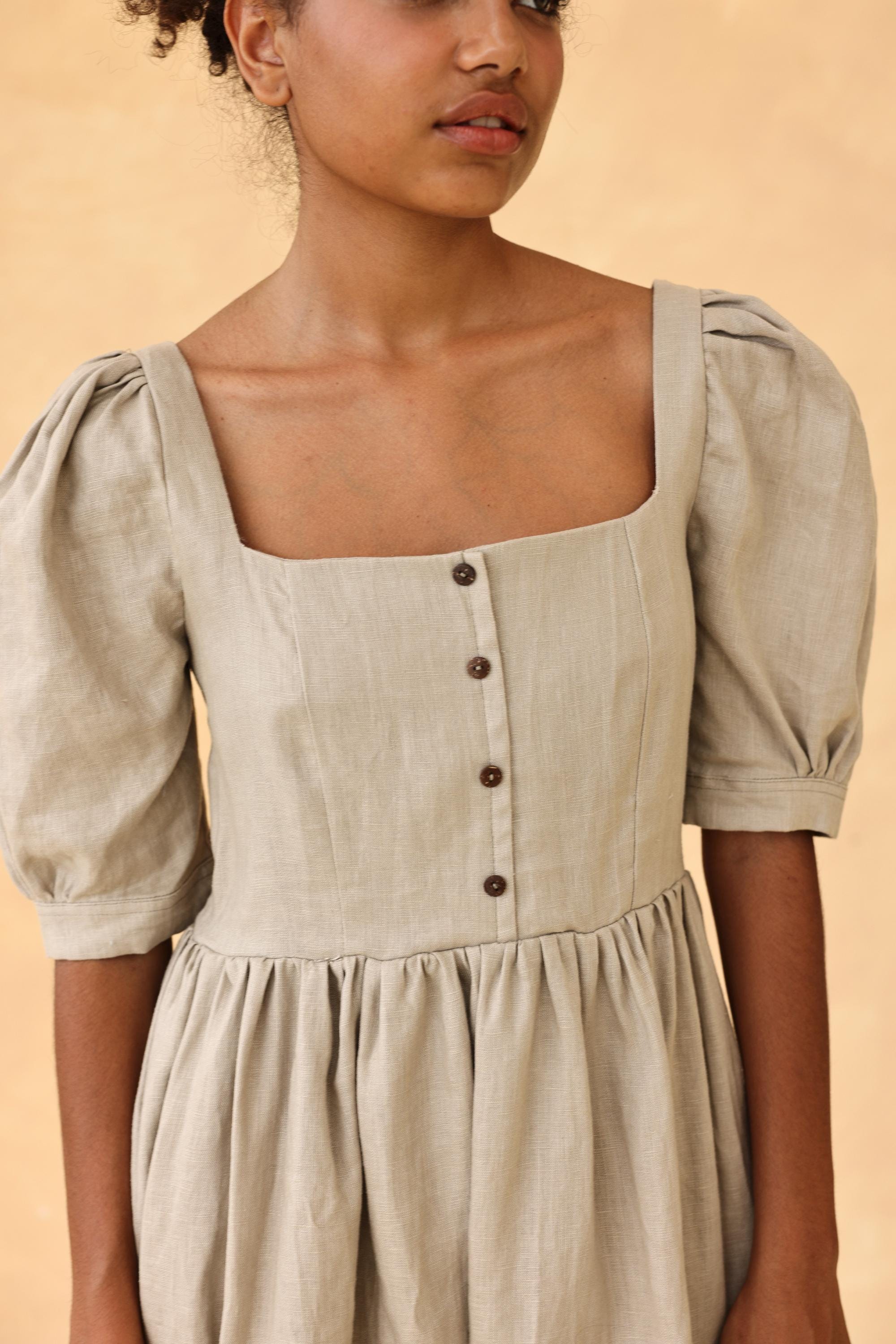 Square neck puff sleeve linen dress