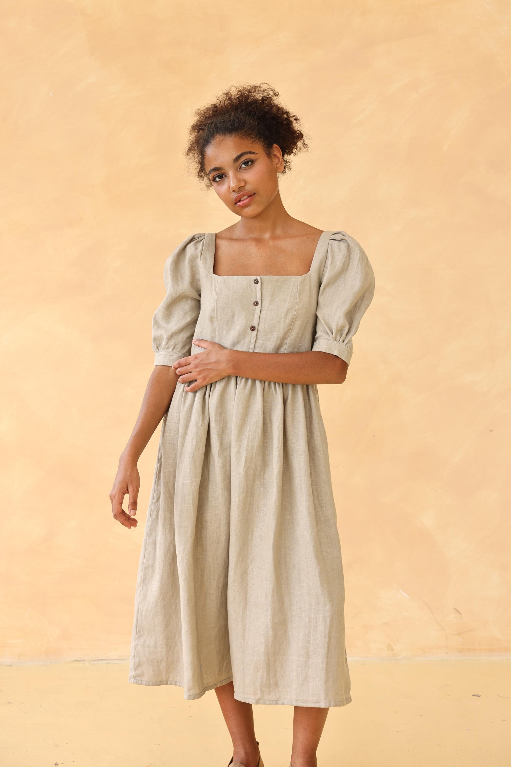 Square neck puff sleeve linen dress