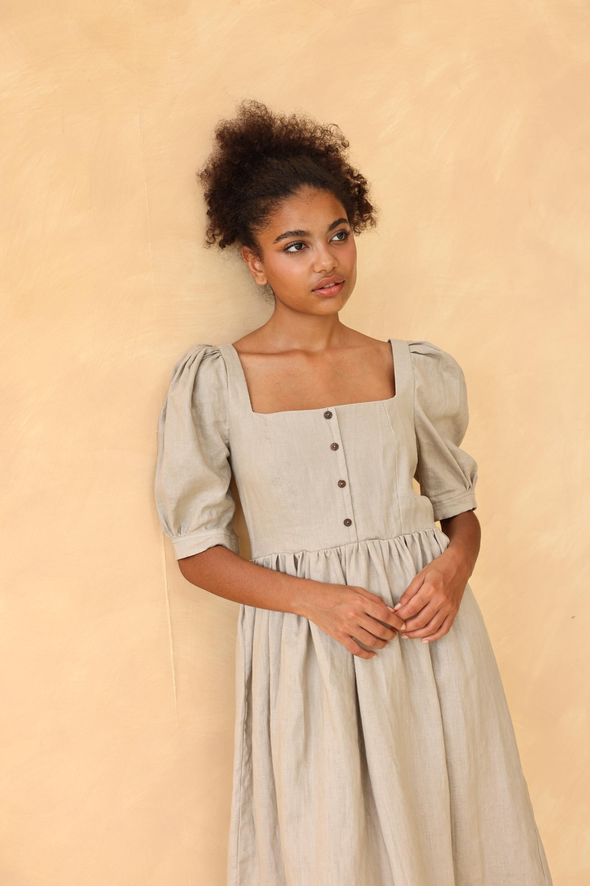 Square neck puff sleeve linen dress