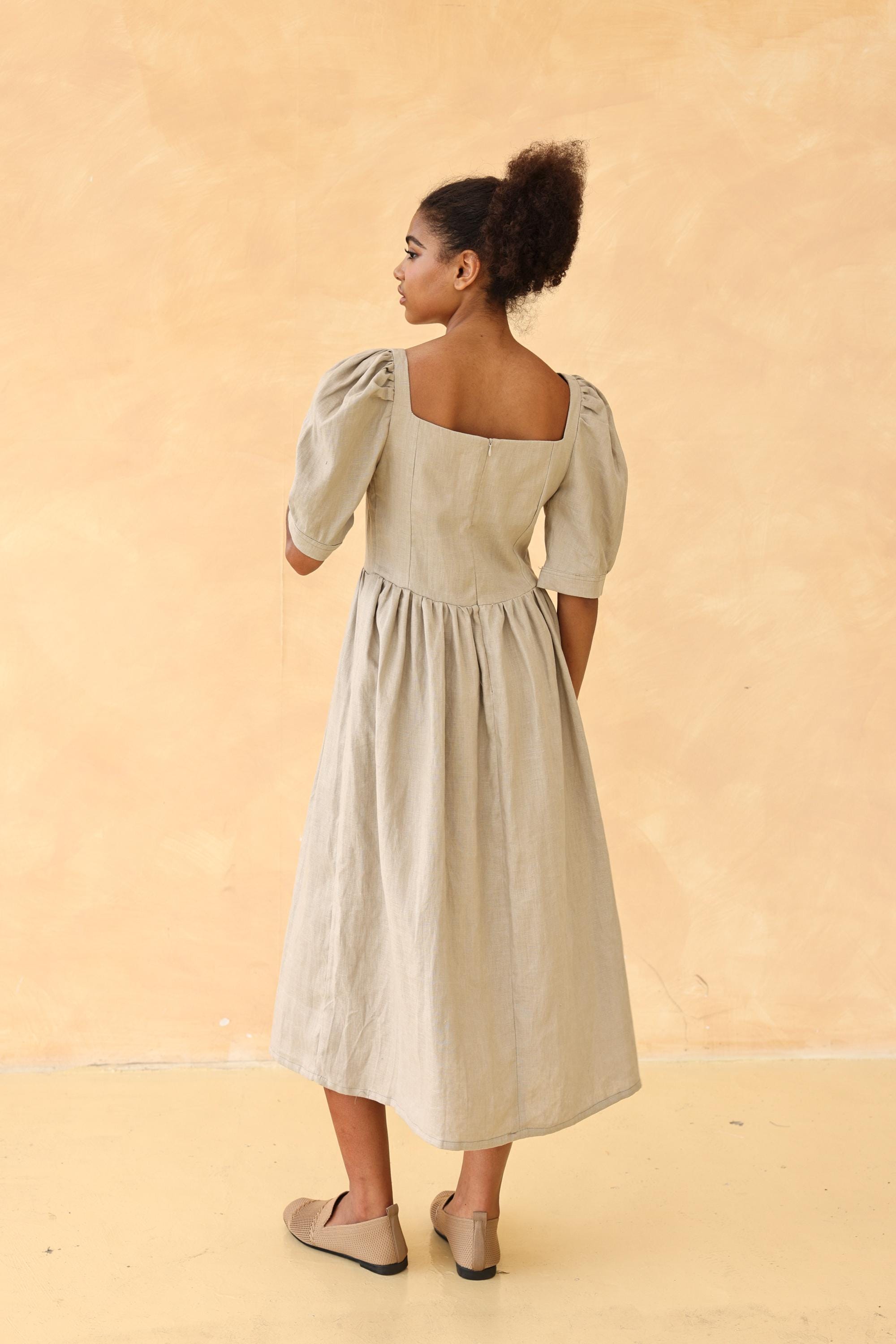 Square neck puff sleeve linen dress
