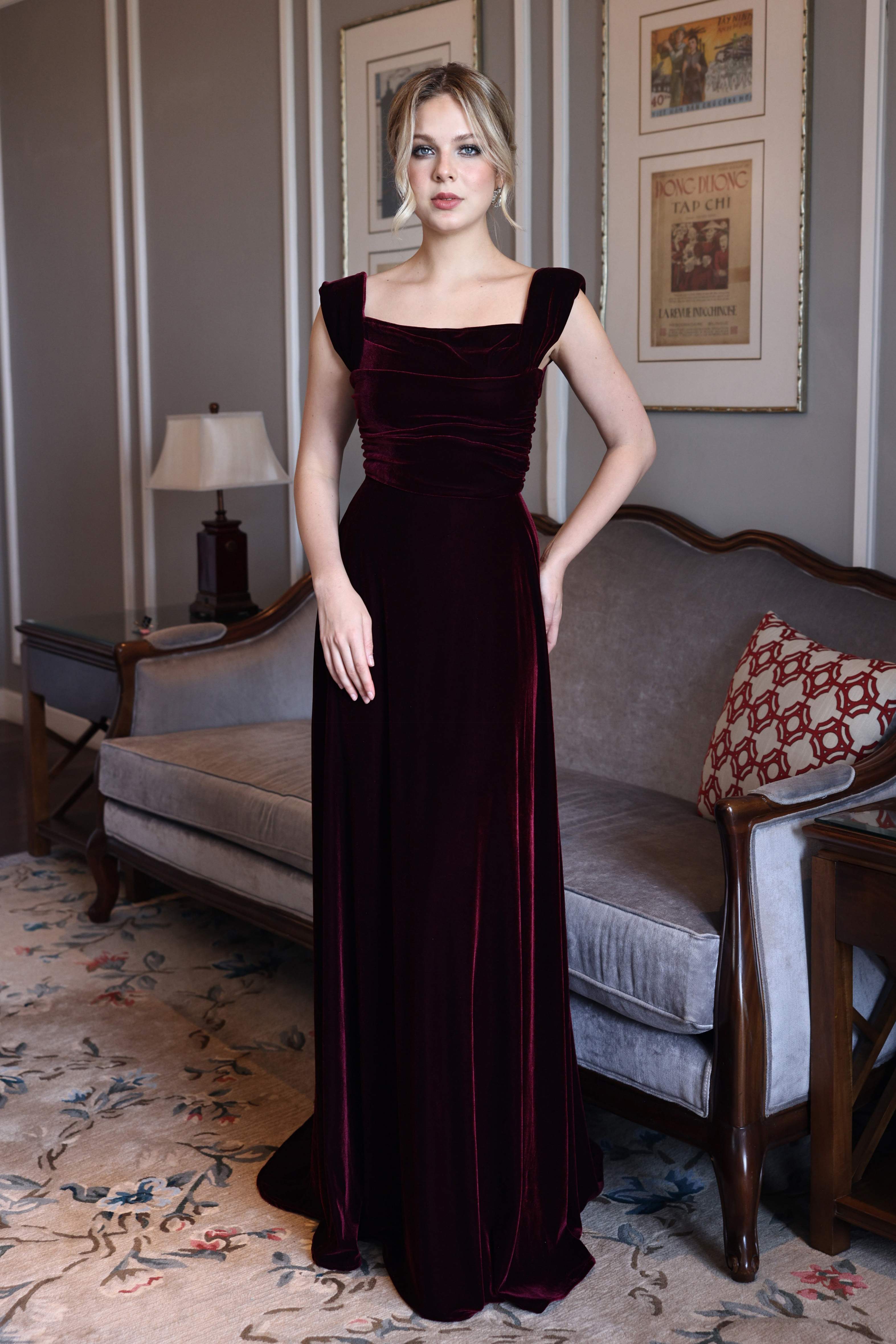 Square neck velvet evening gown