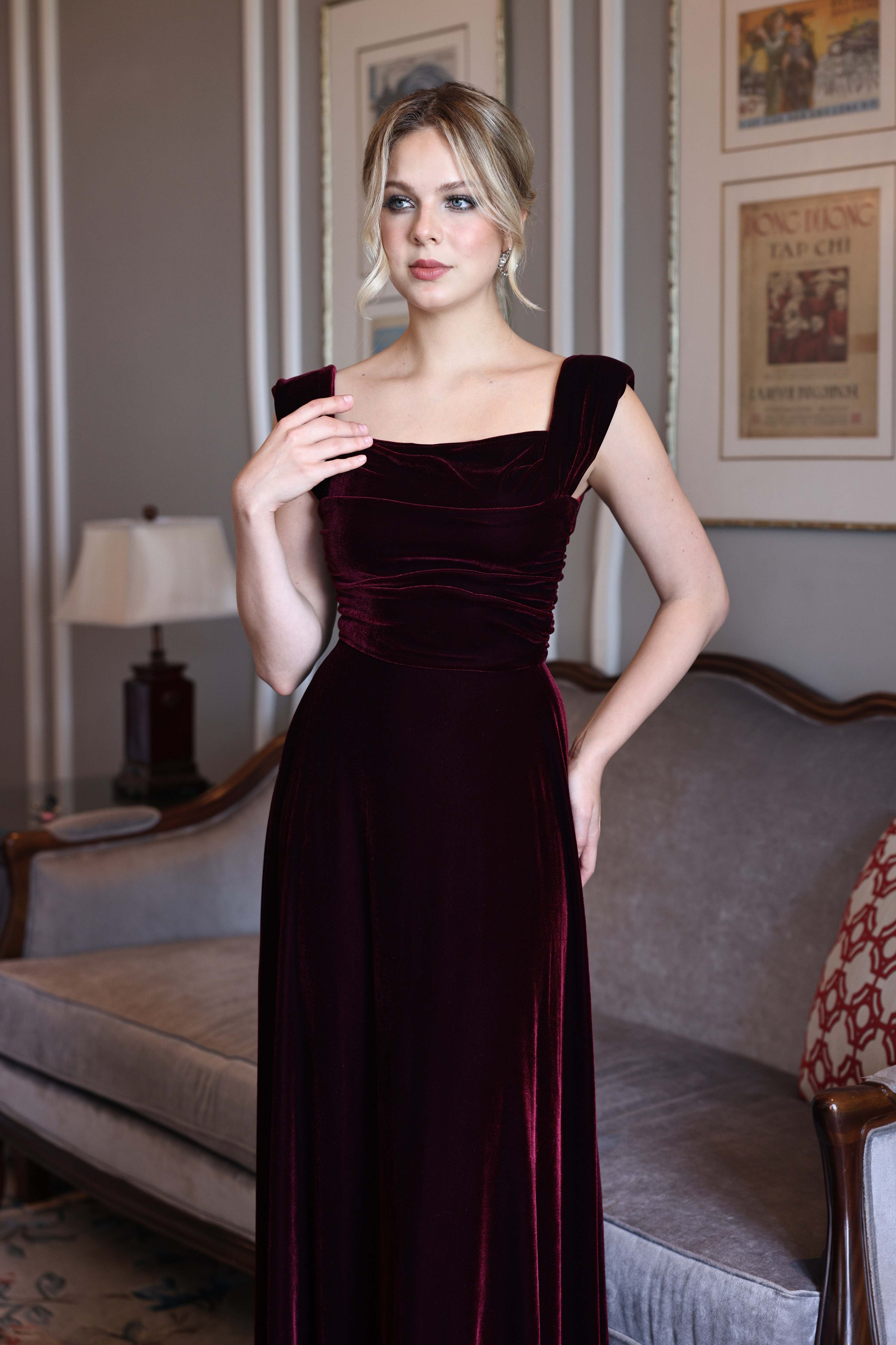 Square neck velvet evening gown