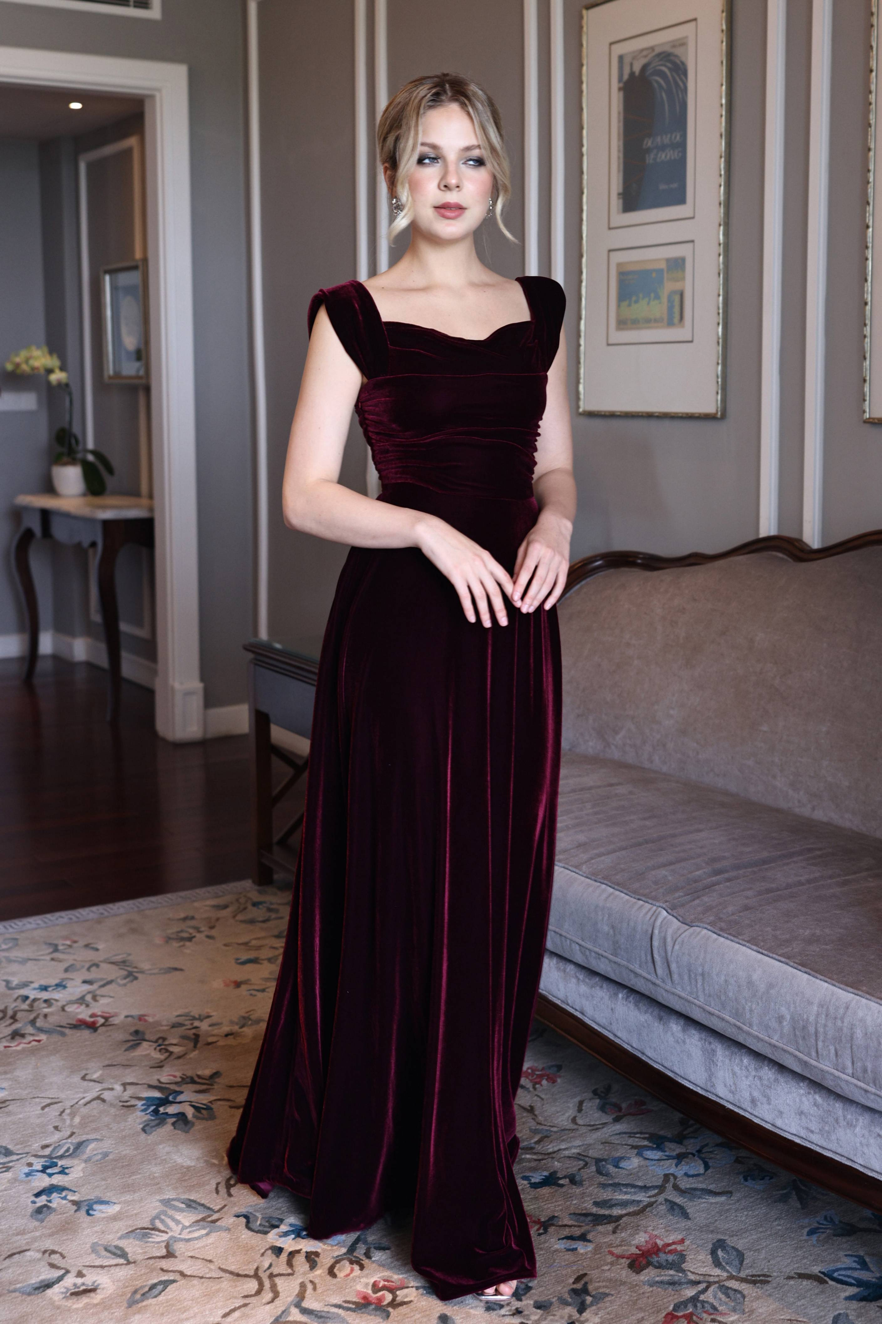 Square neck velvet evening gown