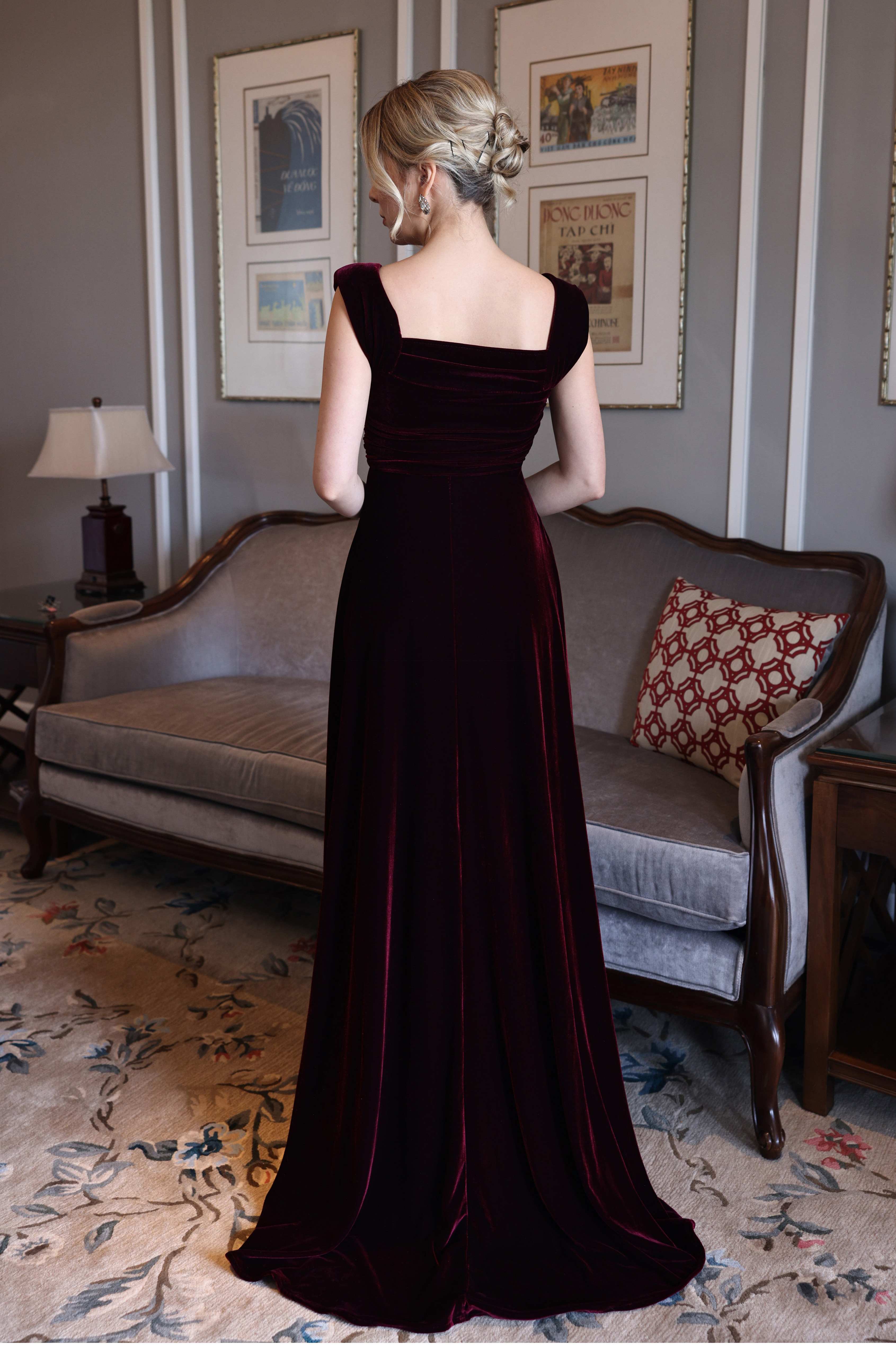Square neck velvet evening gown