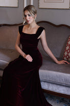 Square neck velvet evening gown