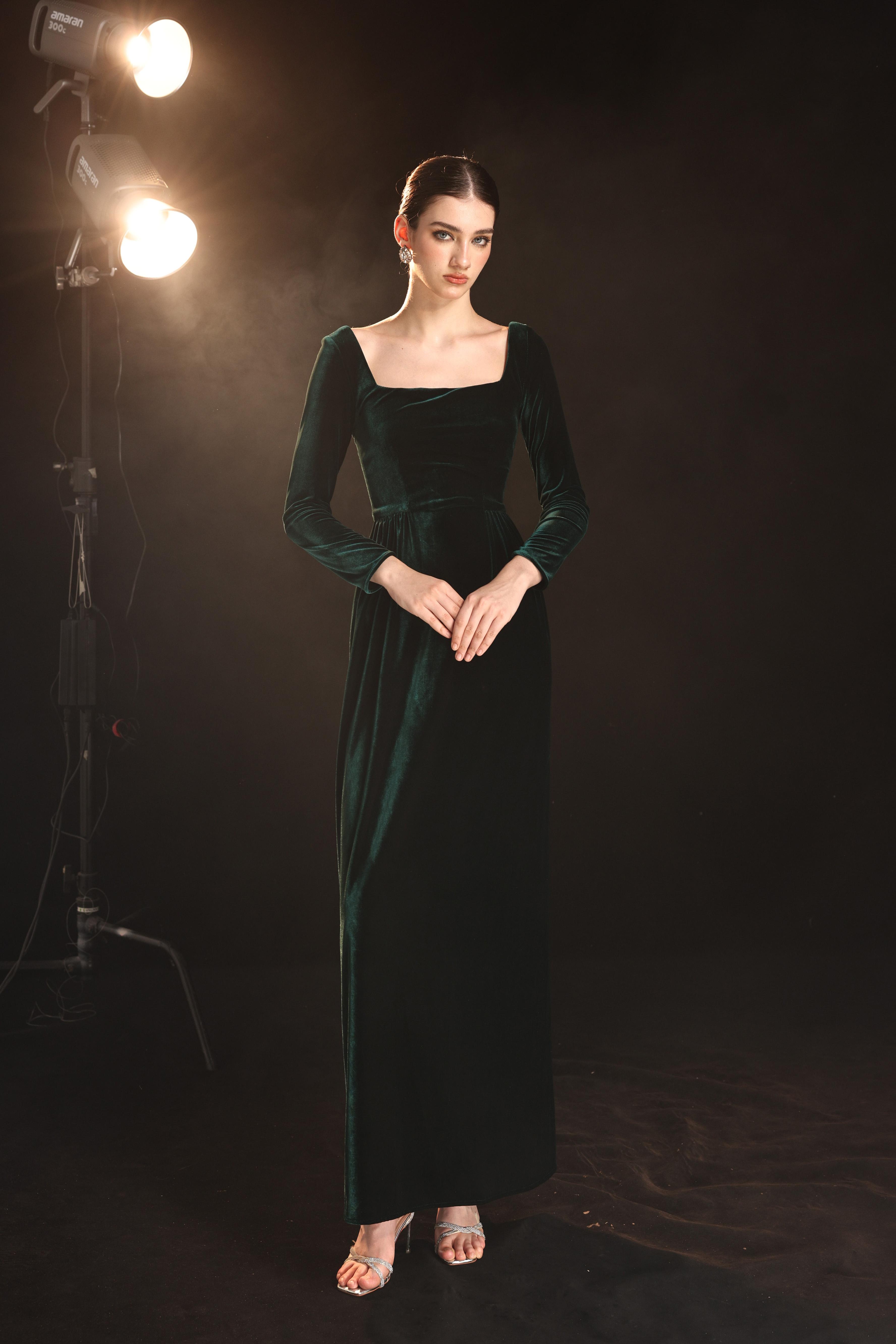 Square neck velvet formal gown