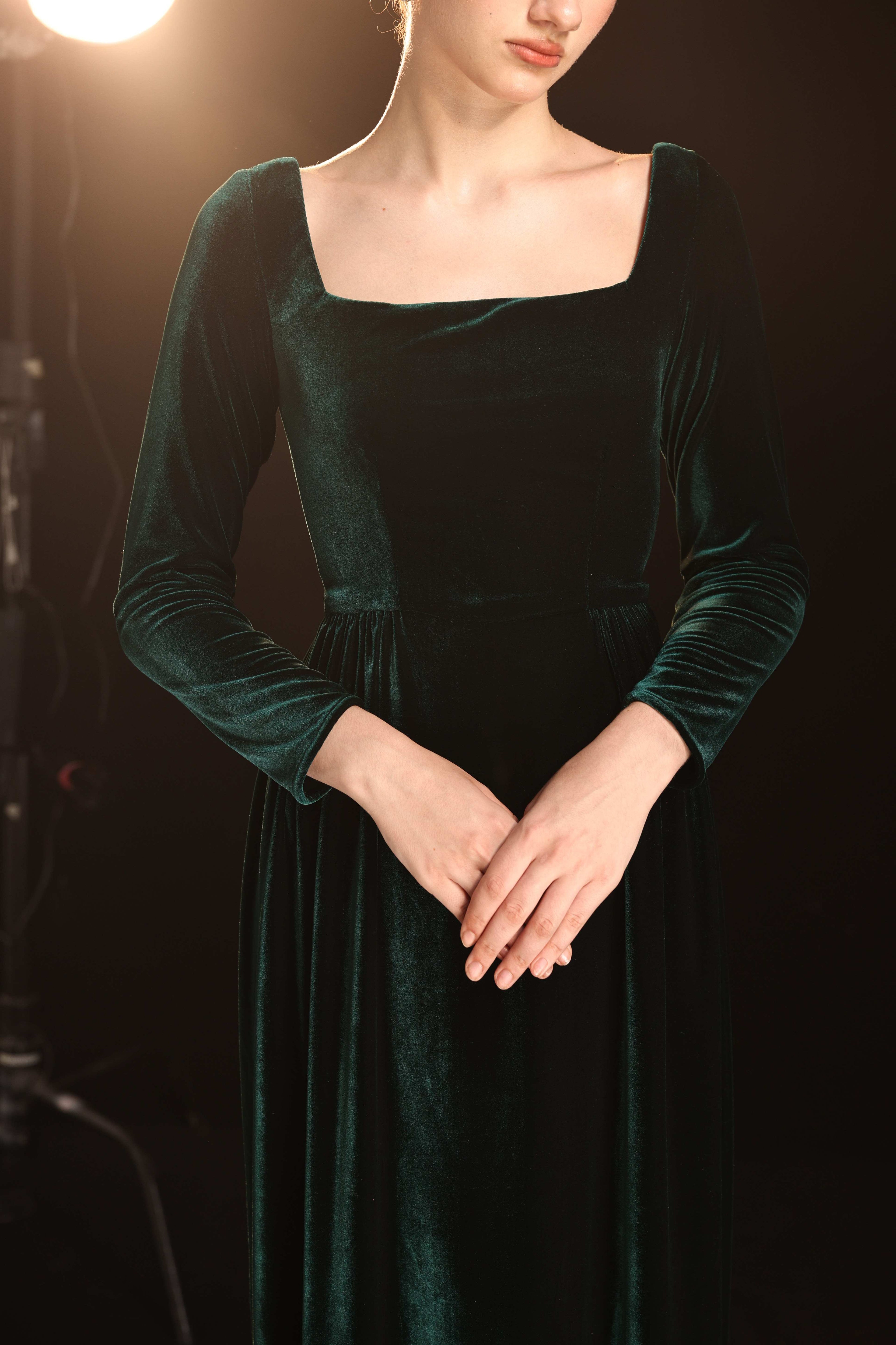 Square neck velvet formal gown