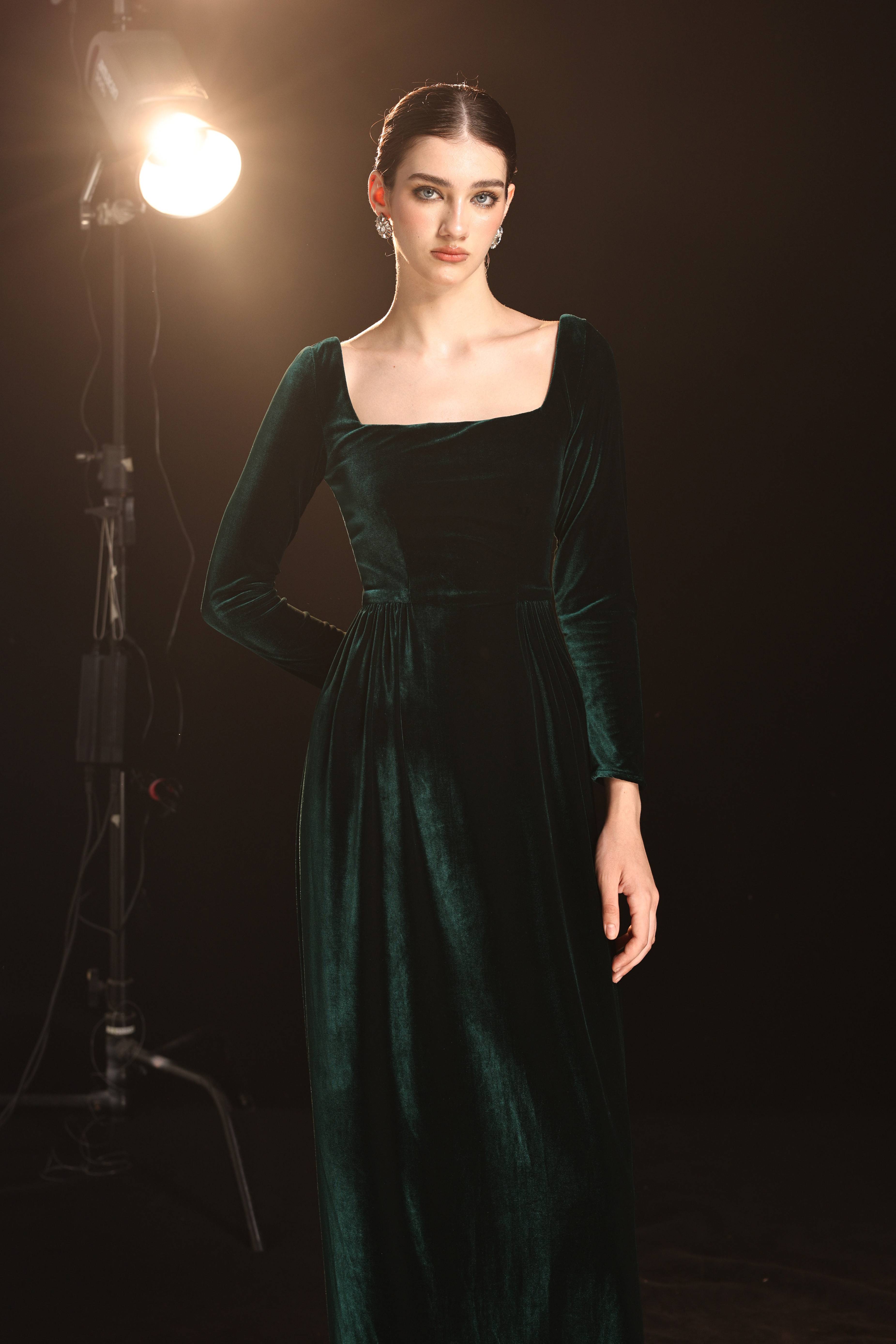 Square neck velvet formal gown